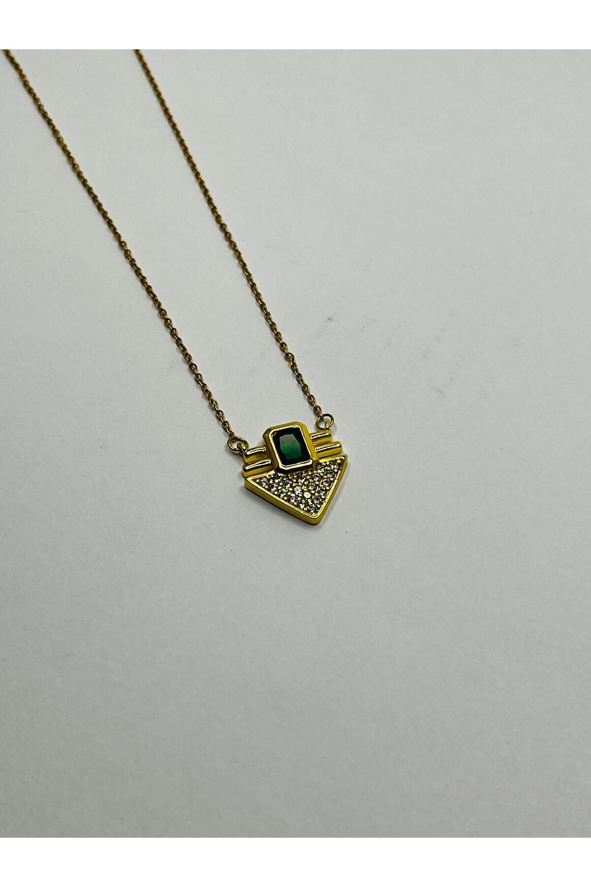 ASİN ACCESSORİES Renkli Taşlı Geometrik Kolye - Çelik Kolye