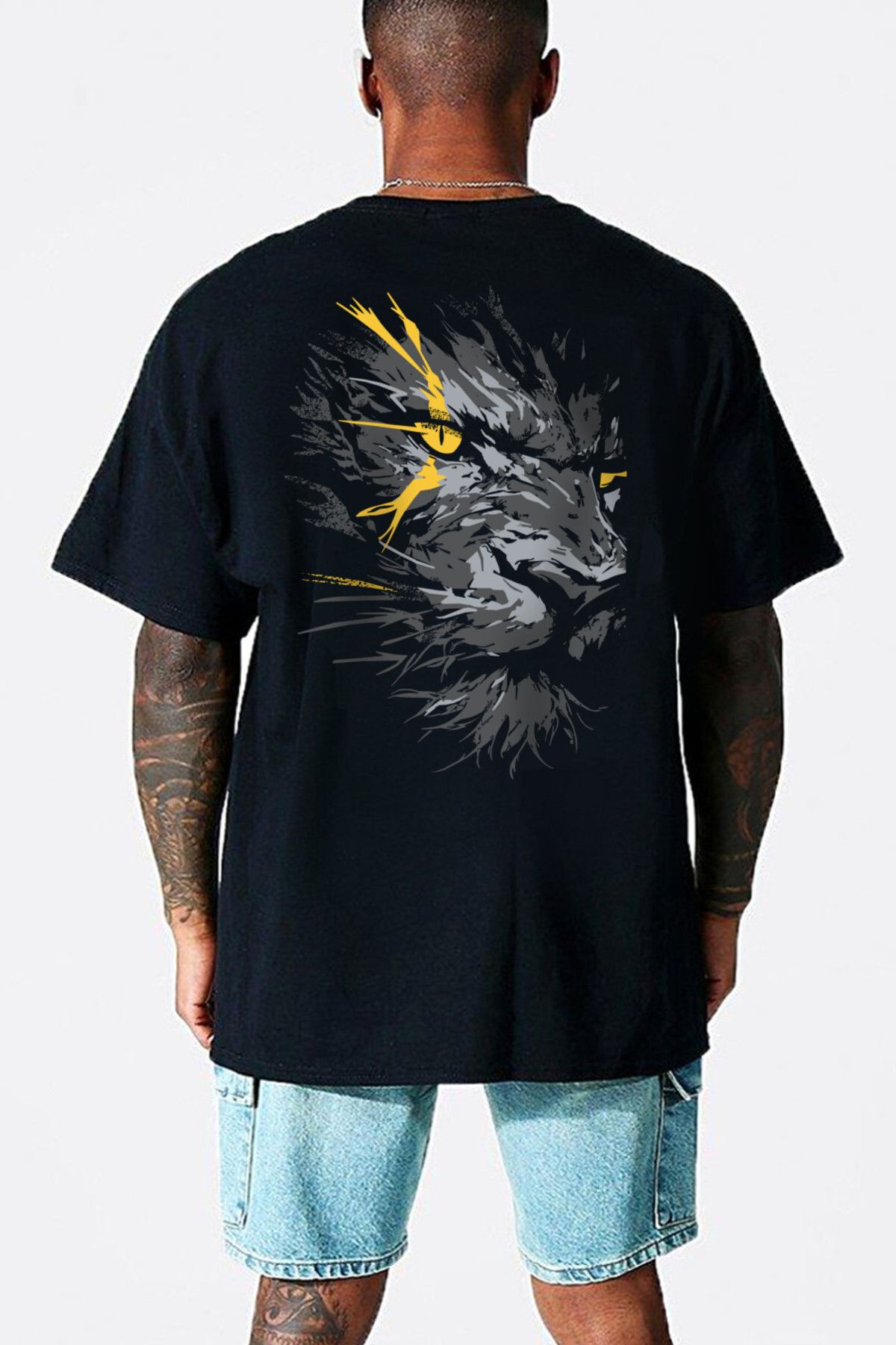ROCKANDROLL Sarı Gözlü Arslan Siyah Arka Baskılı Oversize Erkek T-shirt