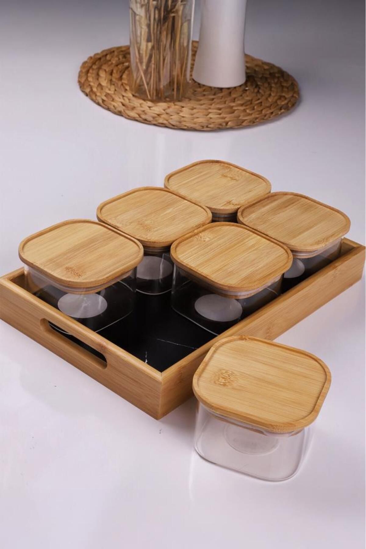 Atbyhome Duo 400ml 6'lı Bambu Siyah Mermer Desen Tepsili Bambu Vakumlu Kapaklı Cam Kahvaltılık