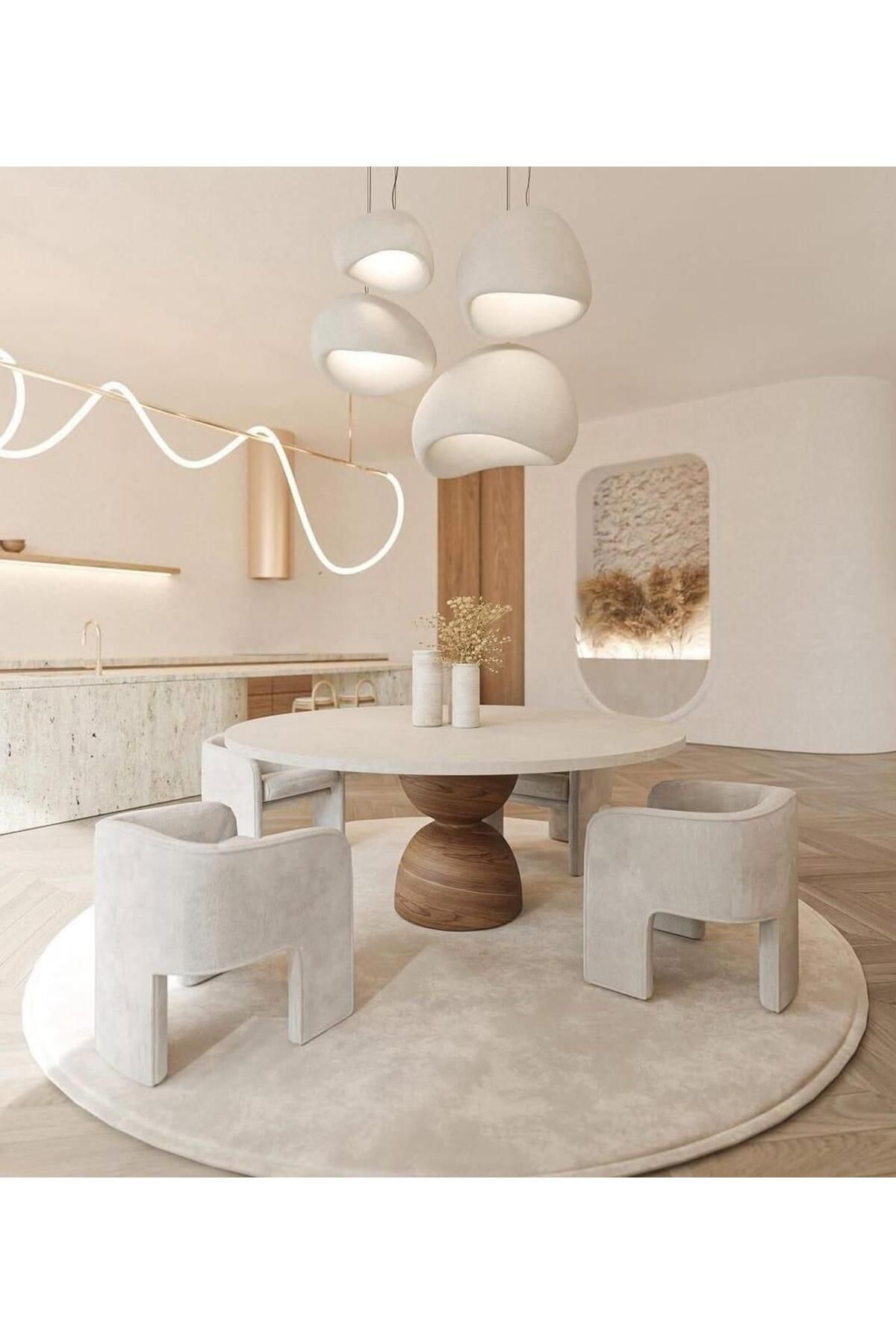 Sümeyra Marble Art Yuvarlak Ahşap Bogum Ayak Traverten Tabla Mermer Yemek Masası