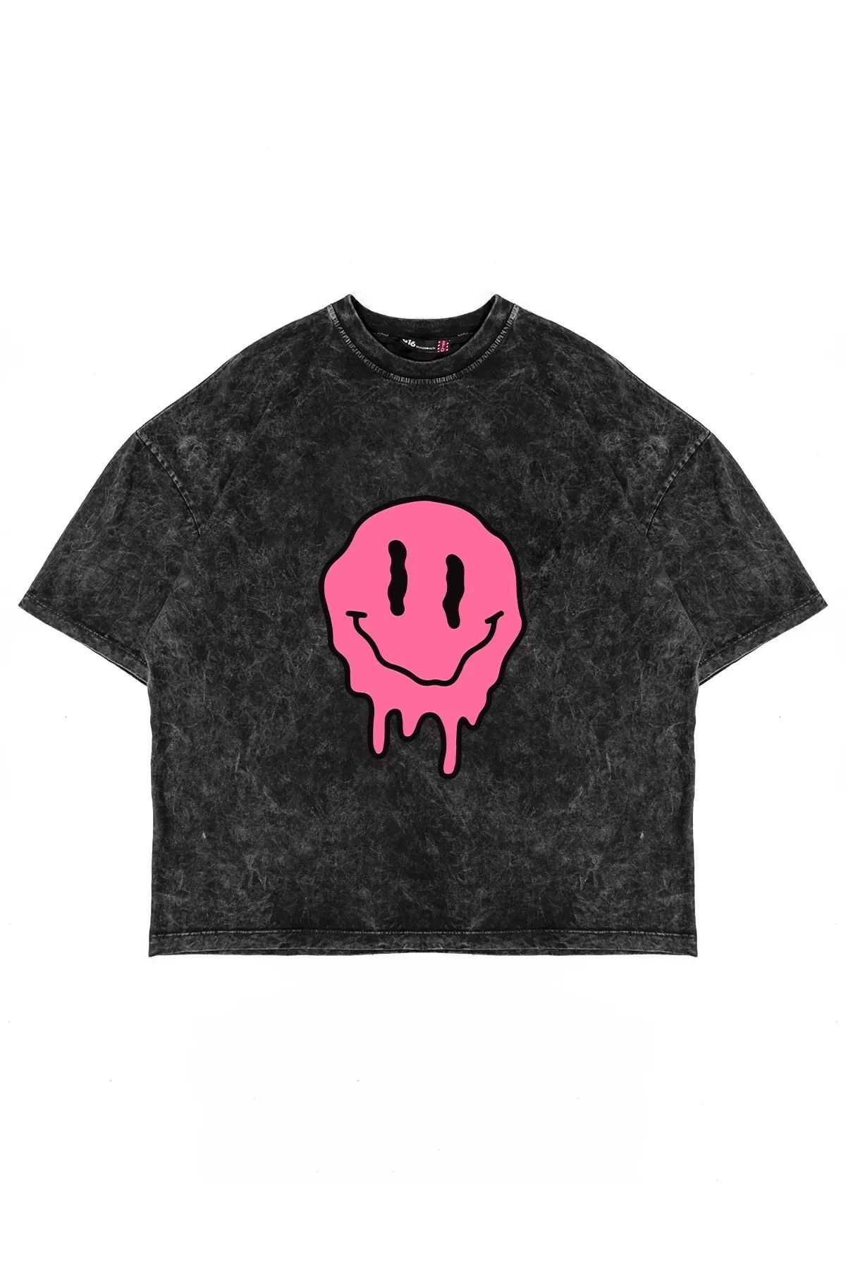 Bak Moda Acid Smile Baskılı Oversize Unisex Yıkamalı Siyah Tshirt
