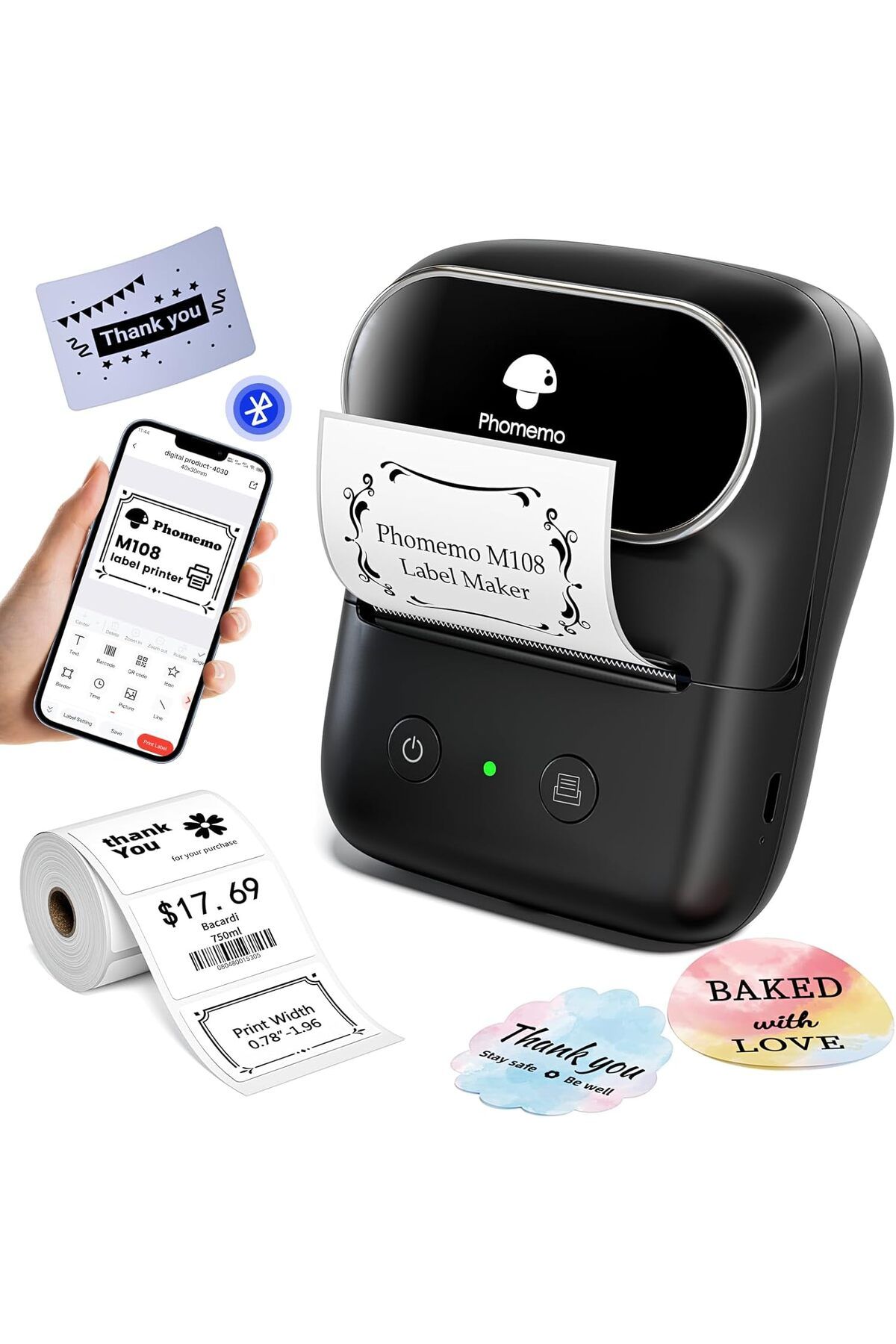 Phomemo M108 Etiket Yazıcısı Siyah, (20-50mm) Kablosuz Taşınabilir Bluetooth, USB Şarjlı, Android, Ios Ve Pc