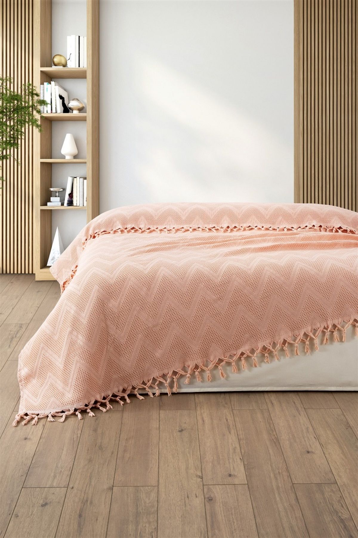 Sevim %100 Pamuk Çift Kişilik Bağlama Saçaklı Pike-220x240 cm-Pudra