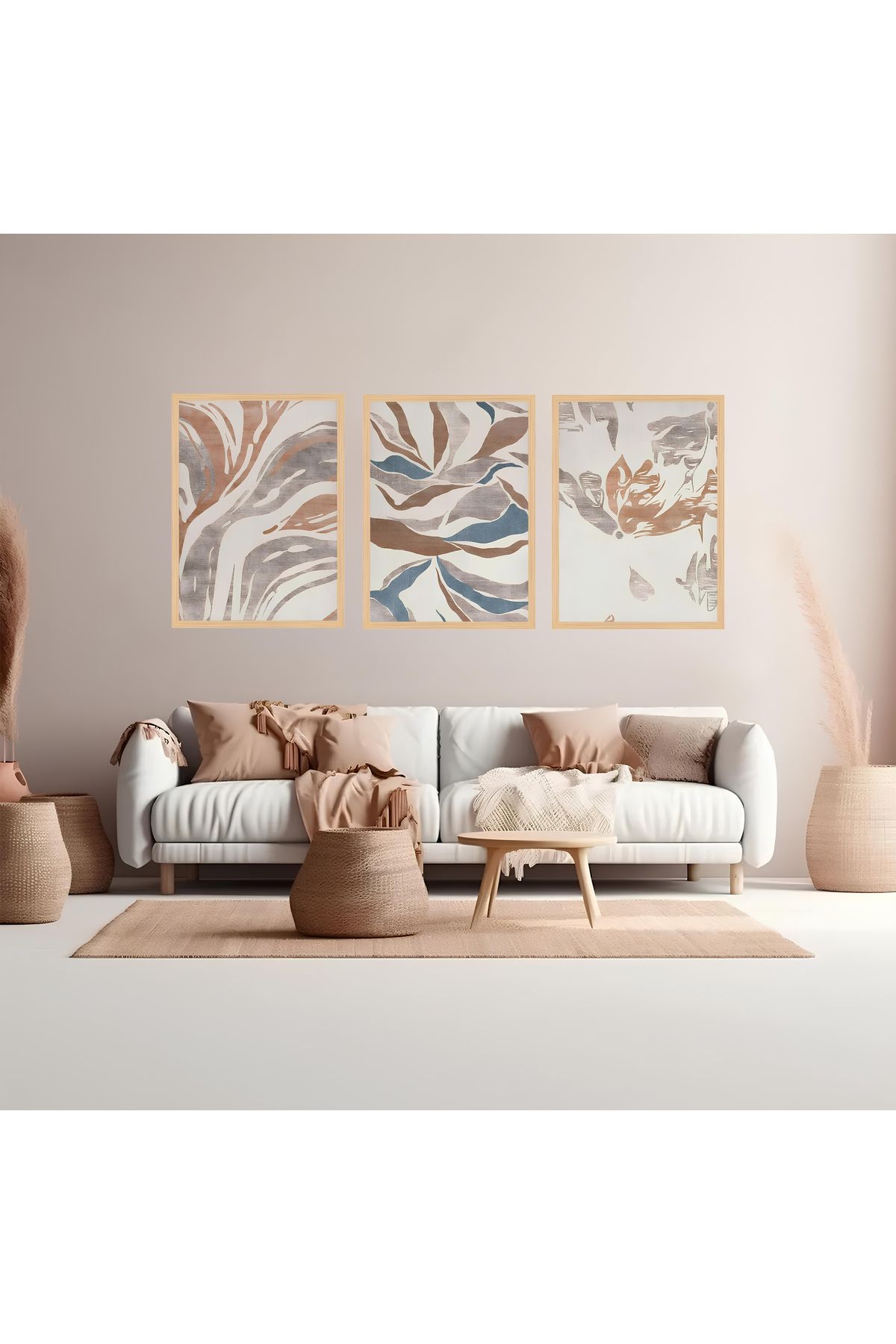 Tuba Decor 3 Parça Ahşap Çerçeve Görünümlü bohem MDF Tablo Seti