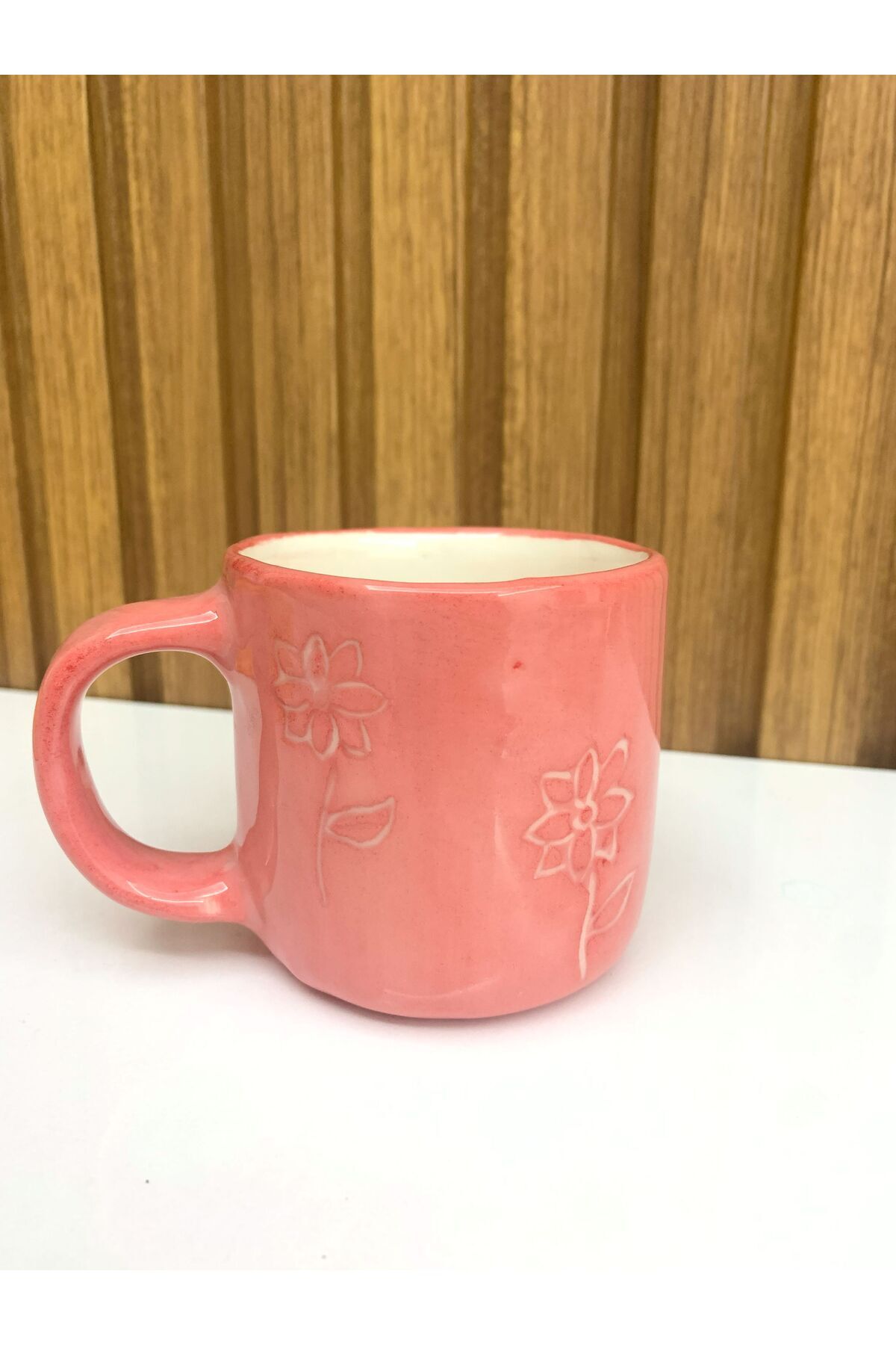 Bombus Seramik Pembe Çiçek Desenli Seramik Mug Kupa - El Yapımı Seramik Çay Kahve Fincanı