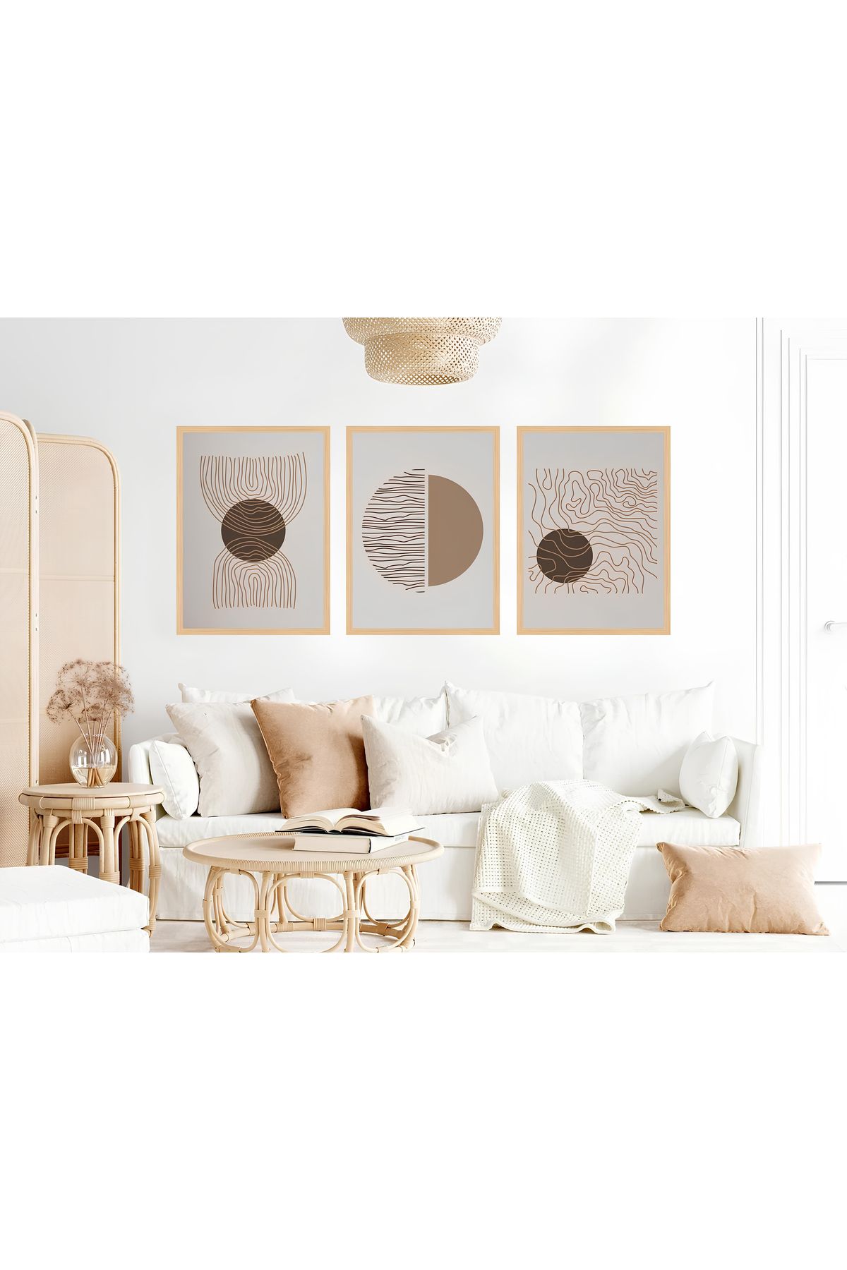 Tuba Decor 3 Parça Ahşap Çerçeve Görünümlü bohem MDF Tablo Seti