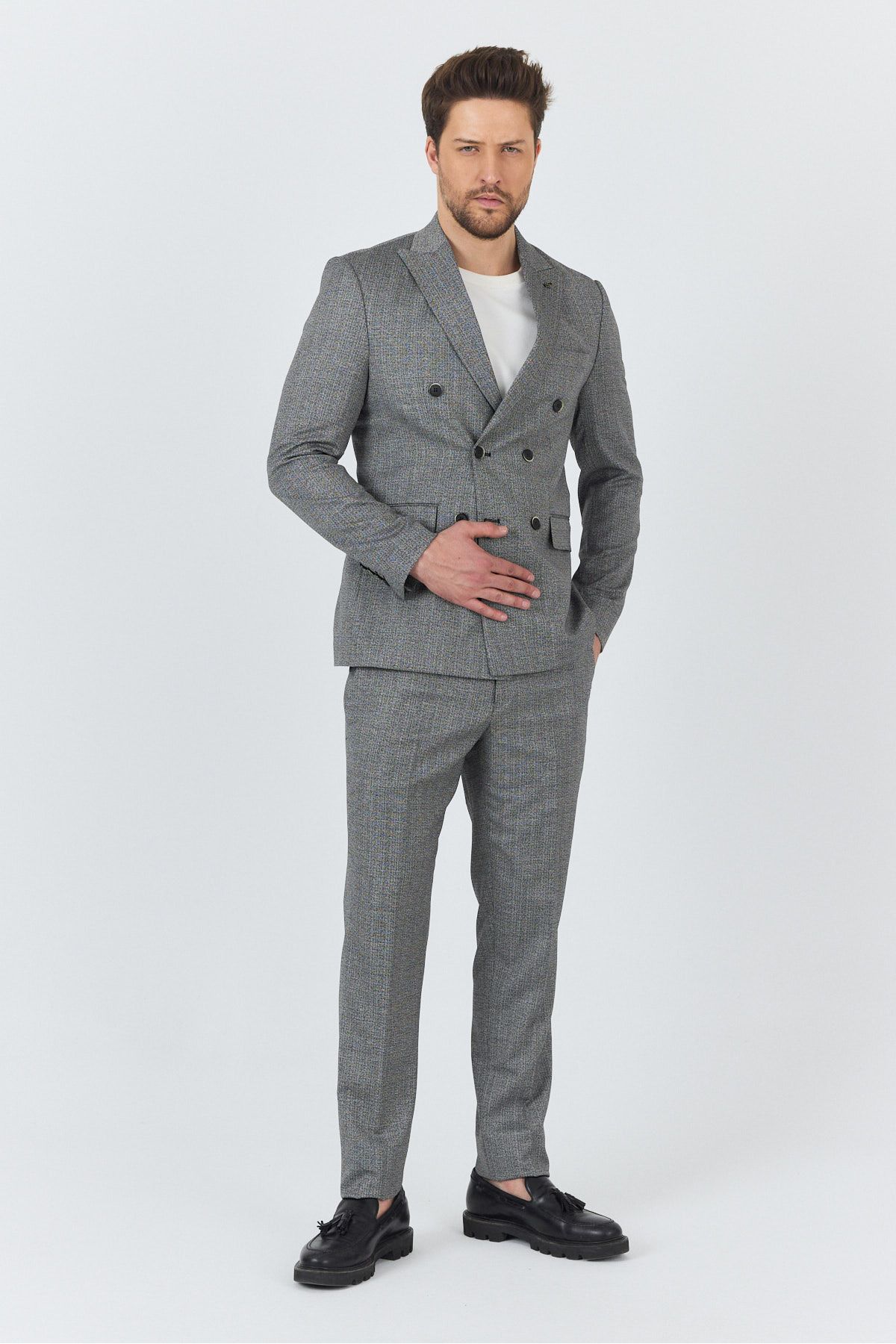 Frappoli Reggina Erkek Siyah-Gri Kendinden Desenli 4-Mevsim Slim Fit Kruvaze Takım Elbise
