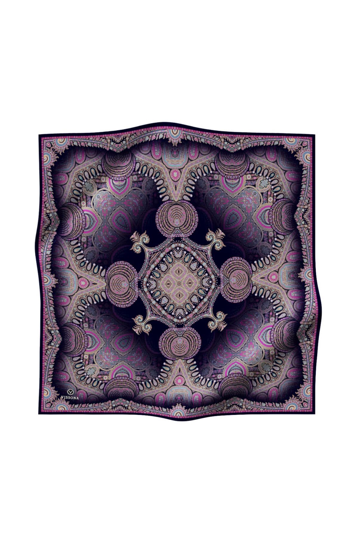 Vissona %100 Twill İpek Şal Desenli Lacivert Renkli 90x90 Eşarp Dikim Şekli : El Dikişi