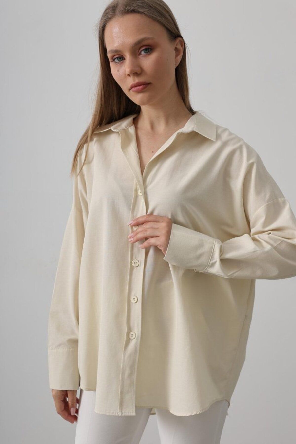 VELİZADE Kadın Konfor Modeli Bej Manşetli Polo Yaka Pamuklu Oversize Uzun Kol Lüks Tunik Gömlek Tesettür