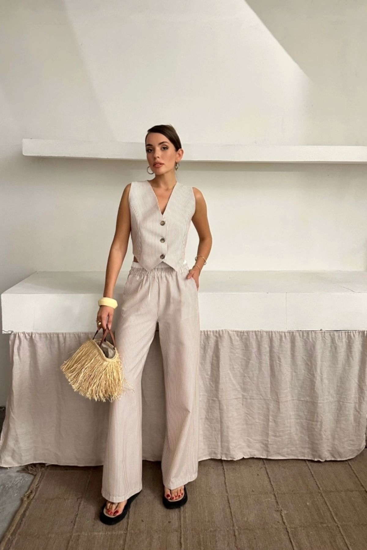 Sosyal Butik GOFRE ÇİZGİLİ YELEK - PANTOLON TAKIM - Bej