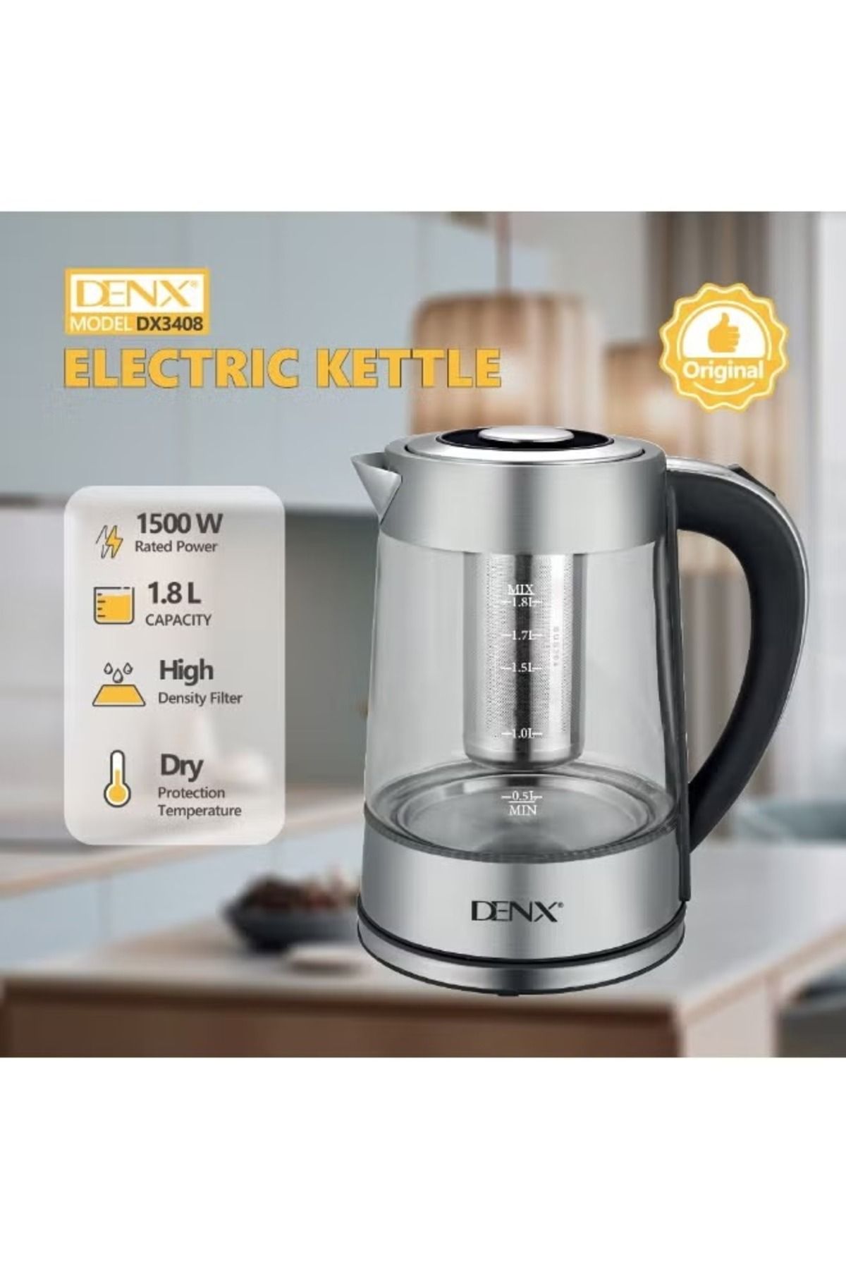 Denx-غلاية كهربائية سعة 1.8 لتر مع 12 عنصر تحكم في درجة الحرارة لمدة تصل إلى 24 ساعة، فلتر من الفولاذ المقاوم للصدأ، DX3408 2