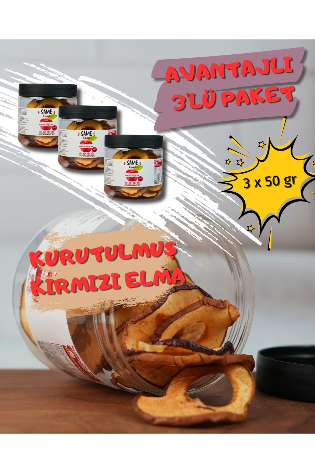 same food Doğal Katkısız Kurutulmuş Kırmızı Elma Dilimleri 50gr Glutensiz, Şekersiz, Vegan Atıştırmalık Elma