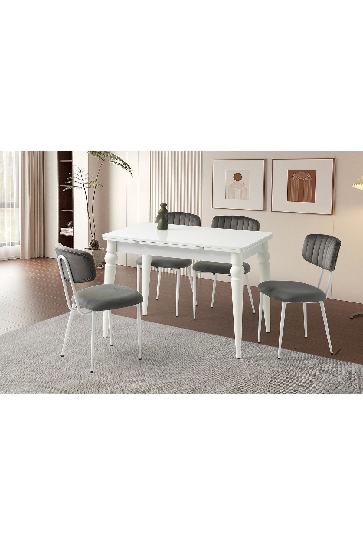 Evistro Ahşap Salon Yemek Masa Sandalye Takımı 4 Pınar Sandalyeli Yandan Açılır Büyüyen Beyaz 80x120cm