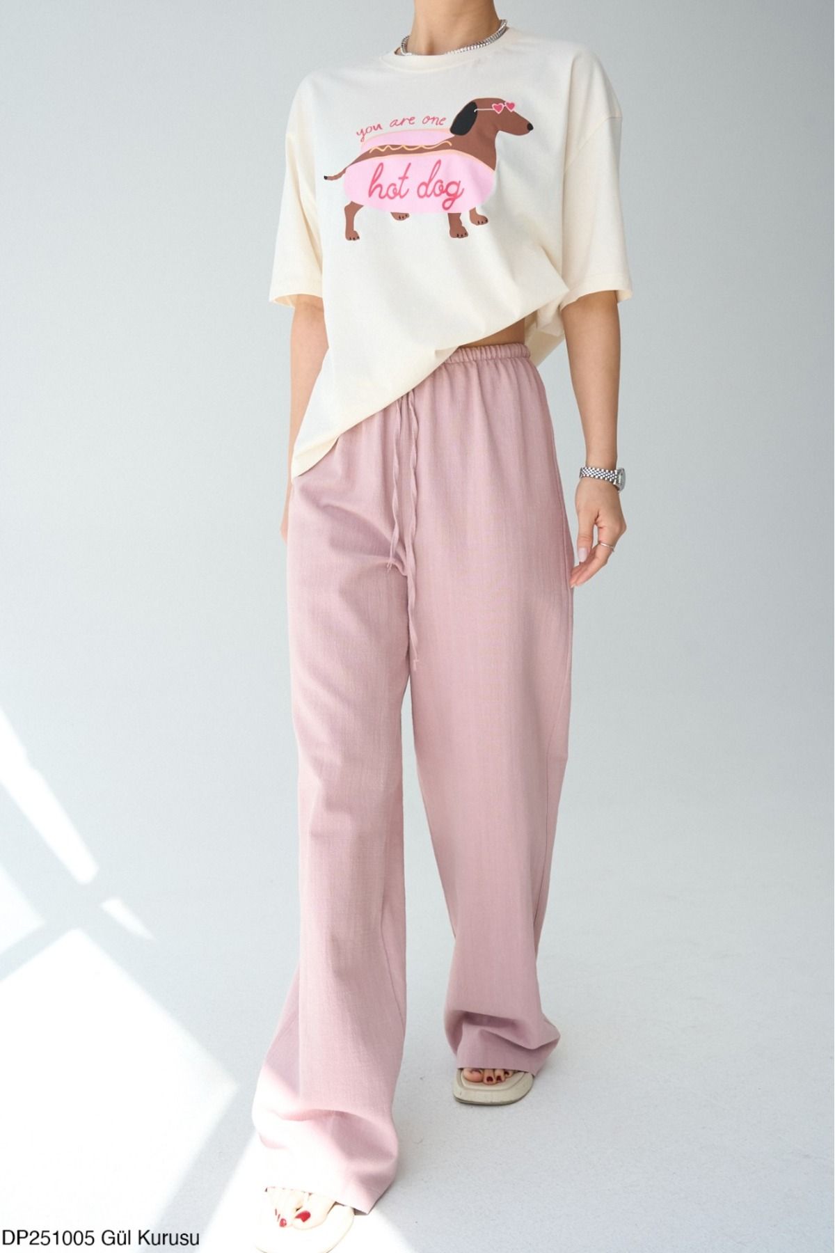 Lupies Pantaloni De In Pentru Femei Dusty Rose Cu Talie Elastică Și Șireturi Femeie - L