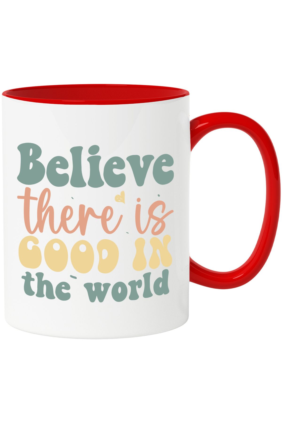 StoryGift Romania-Mug with heart and the message "Do you believe there is good in the world" with Red Handle, With R,STG Handle. 1