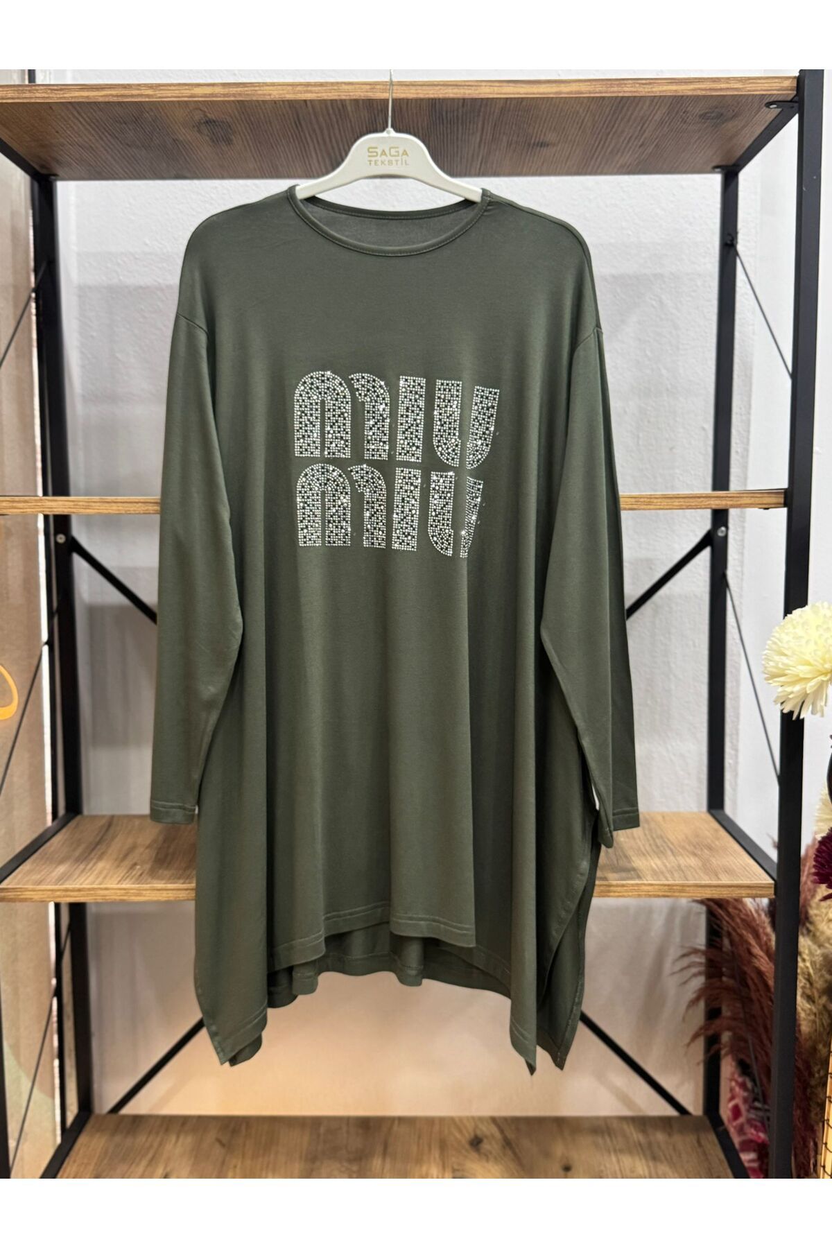 ÖZNE BUTİK Kadın pamuklu likralı bisiklet yaka miu taş baskılı oversize tunik
