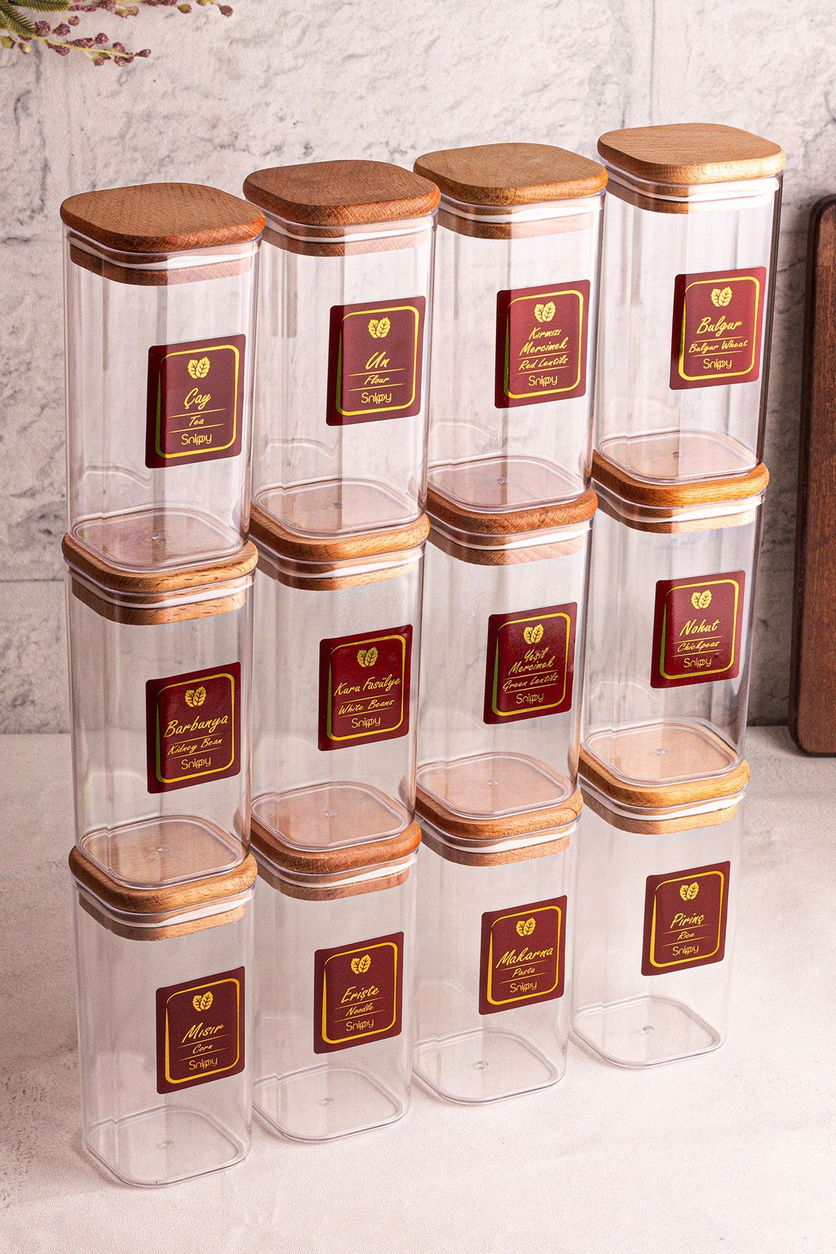 Snippy Boxy - 12'li Ahşap Vakumlu Kapaklı Etiketli Baharatlık Takımı 350 ml - Erzak Saklama Kabı Seti