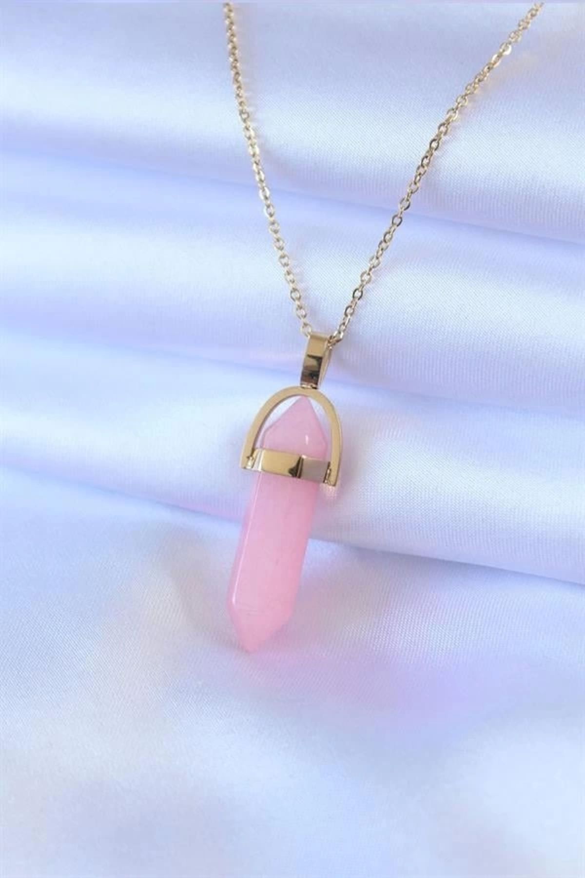 Lale Moda 316L Çelik Gold Renk Kristal Pembe Taş Model Kadın kolye