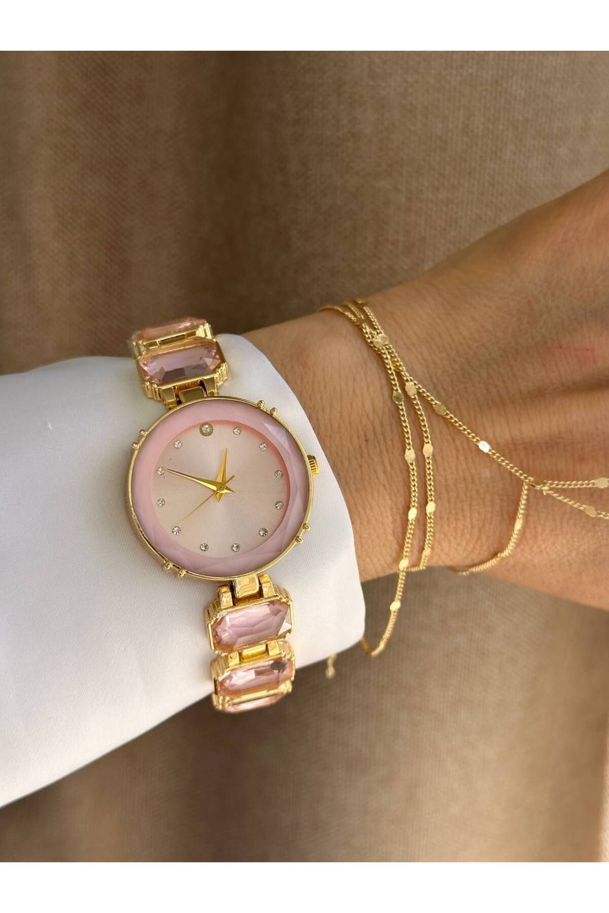 Esmeray Aksesuar Metal Gold Renk Pembe Renkli Taşlı Kadın Kol Saati