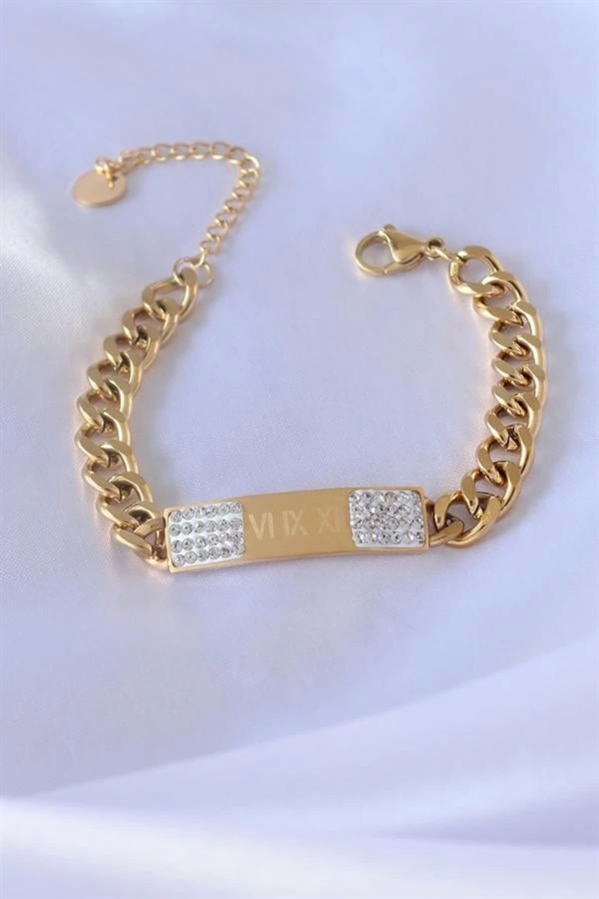Lale Moda 316L Çelik Gold Renk Zincir Model İşleme Detay Zirkon Taşlı Kadın Bileklik