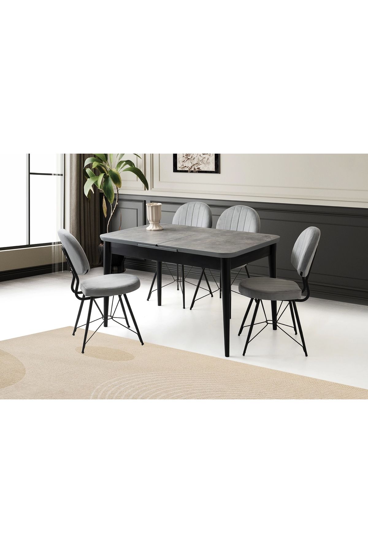 Evistro Ortadan Açılır Büyüyen 90x160cm Gümüş Gri Ahşap Salon Yemek Masa Gri Sandalye Takımı 4 Sandalyeli