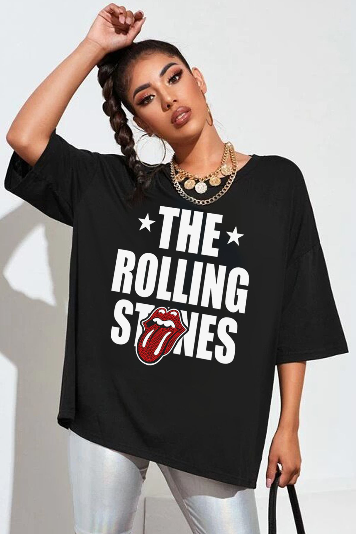 ROCKANDROLL Rolling Stones Siyah Oversize Kadın T-shirt