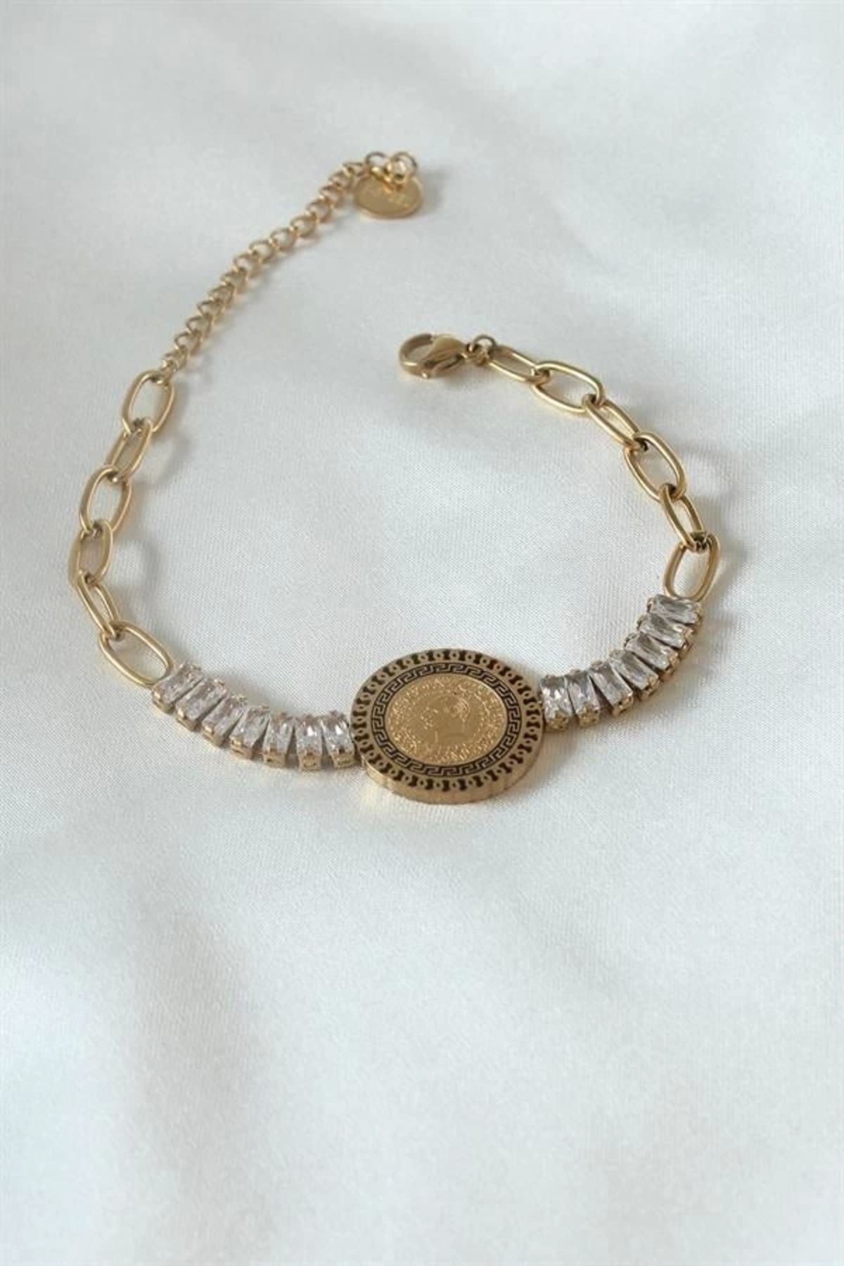 Lale Moda 316L Çelik Gold Renk Tam Altın Modelli Zirkon Taşlı Kadın Bileklik