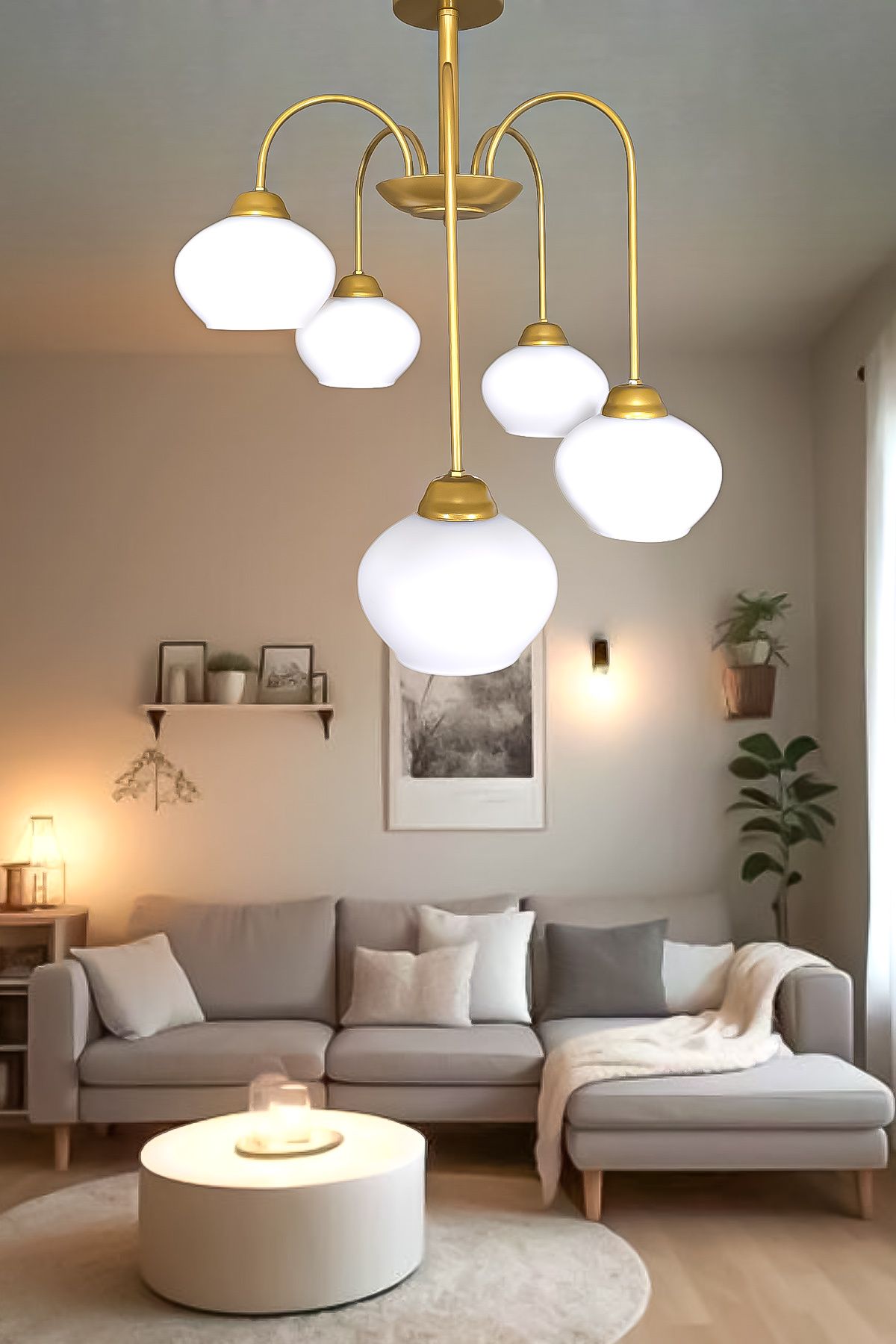 Fer Avize Dora 5 Li Avize Dekoratif Tasarım Modern Kollu Camlı Avize Oturma Odası Yemek Odası Salon