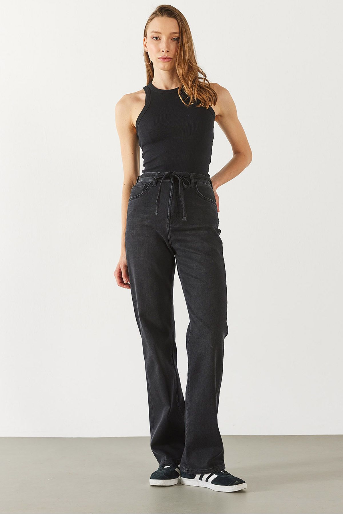 VENA Wanda Kemer Detaylı Black Wide Leg Jean Pantolon - BLACK