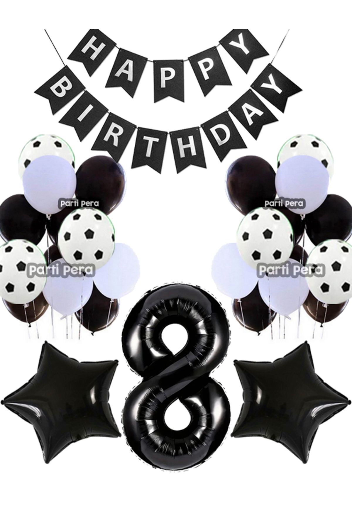 parti pera 8 Yaş Siyah Beyaz Pastel Balon Yıldız Folyo Balon Siyah Rakam Folyo Balon Doğum Günü Balon Seti