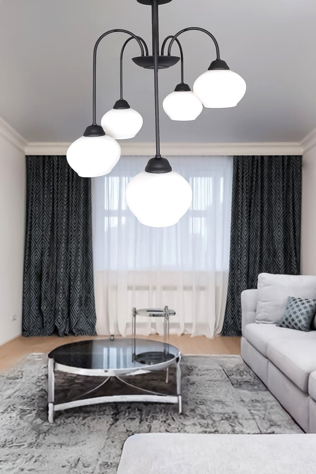 Fer Avize Dora 5 Li Avize Dekoratif Tasarım Modern Kollu Camlı Avize Oturma Odası Yemek Odası Salon
