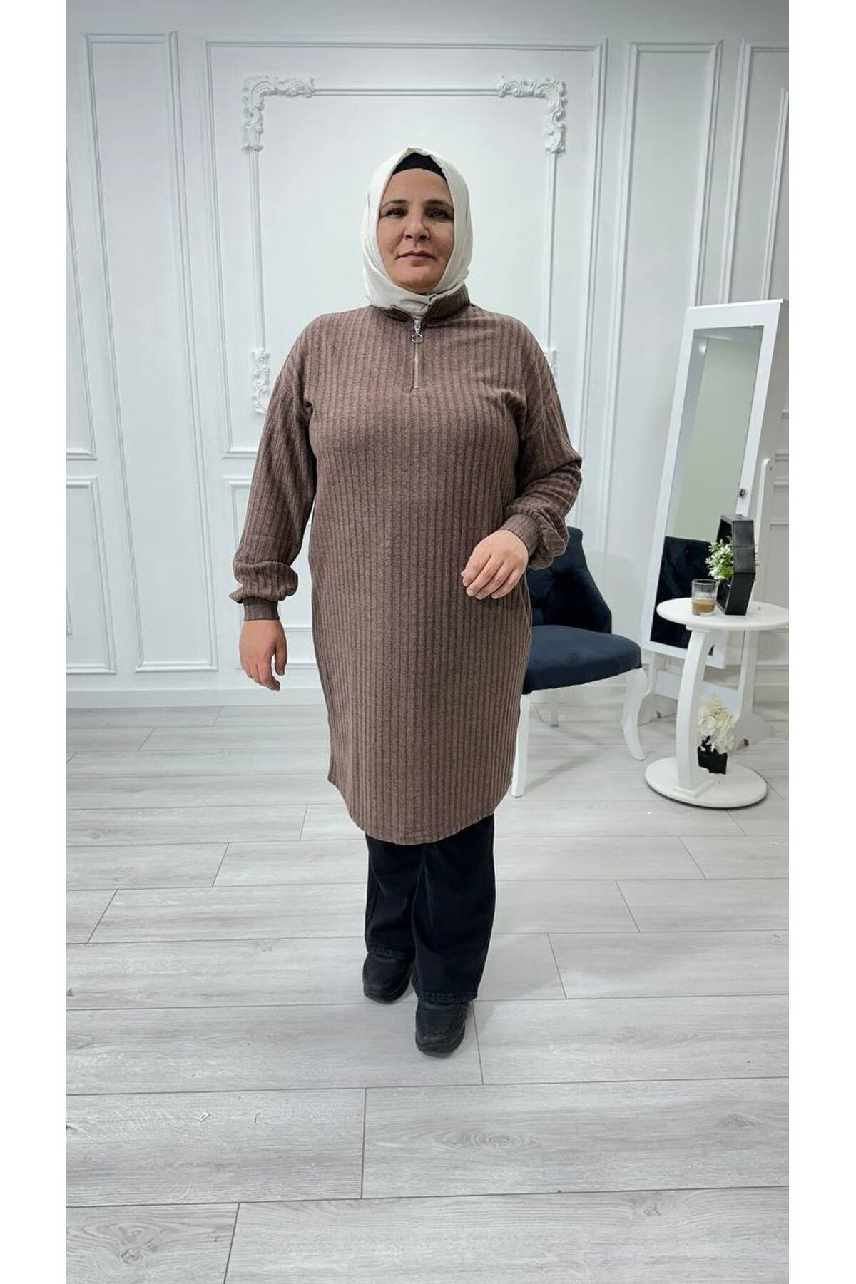 Sevda Kılınç Büyük Beden Kaşkorse Kahverengi Tunik