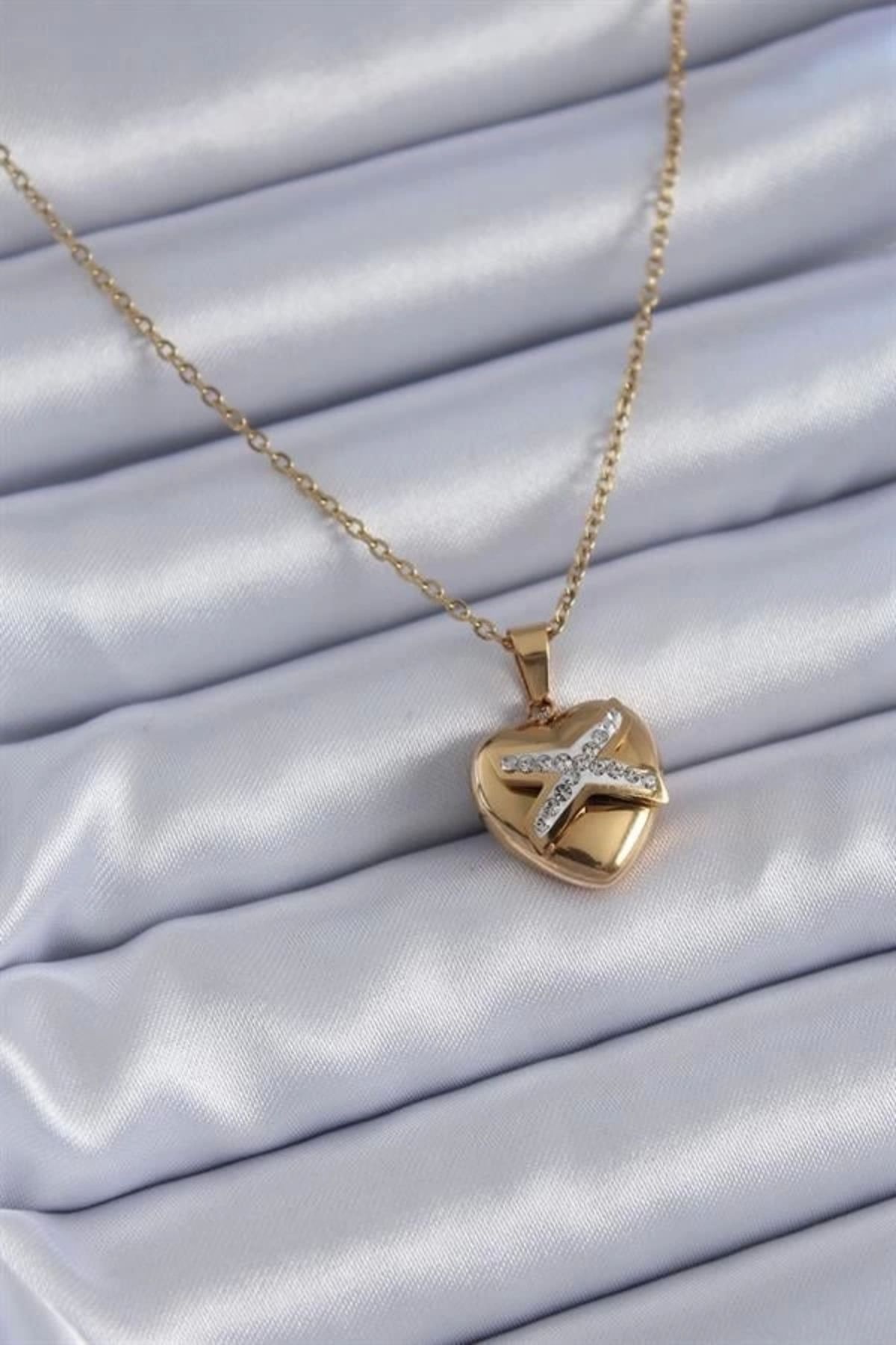 Lale Moda 316L Çelik Gold Renk Zirkon Detay Kalp Model Kadın Kolye