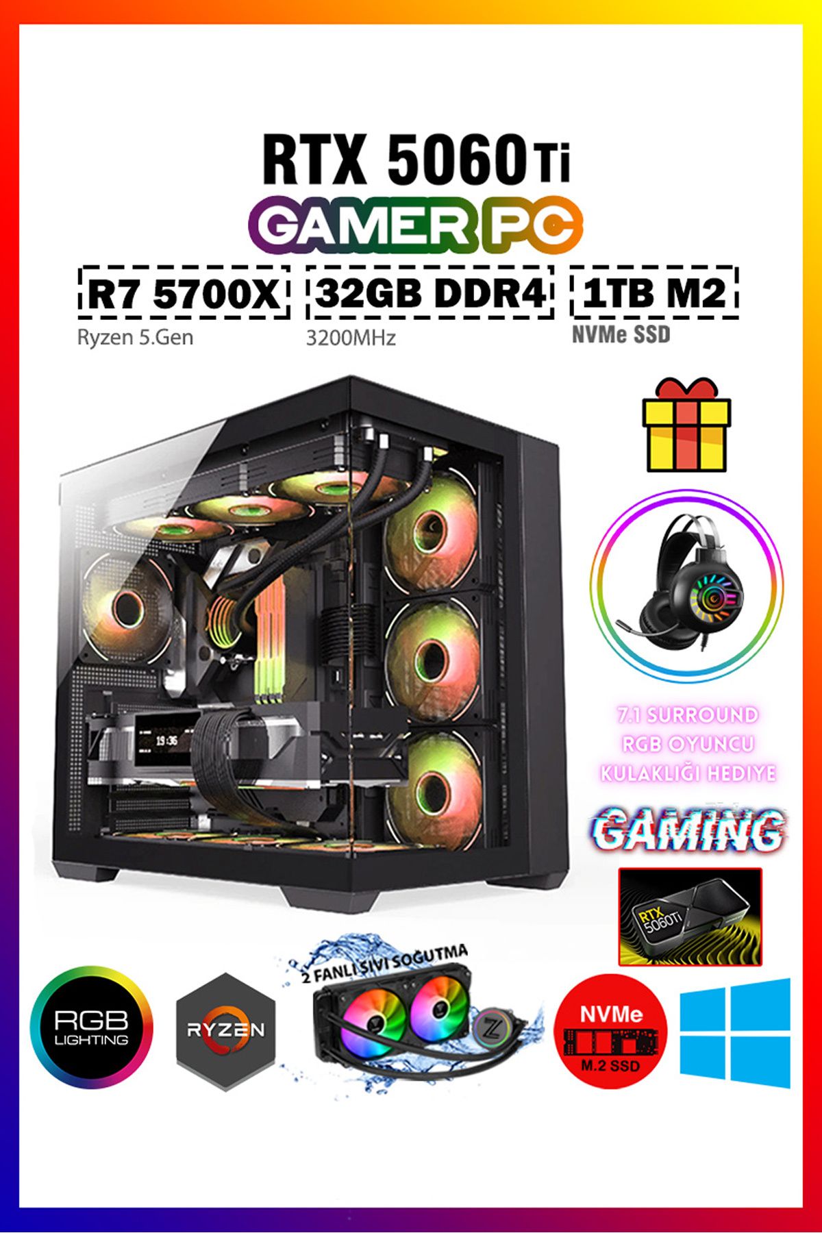 Gamepage G-Palace X12 Ryzen 7 5700X 32GB Ram 1tb M2 SSD 8gb Gddr7 RTX5060TI Sıvı Soğutmalı Oyuncu Bilgisayarı