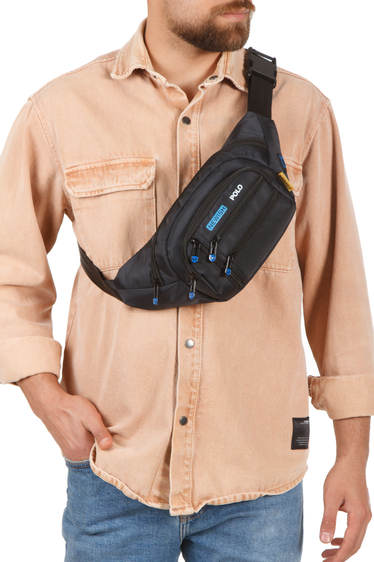 Torz  Erkek Bel Çantası Çapraz Çok Cepli Su Geçirmez Kumaş Göğüs Çapraz Kulaklık Çıkışlı Çanta - Görsel 2