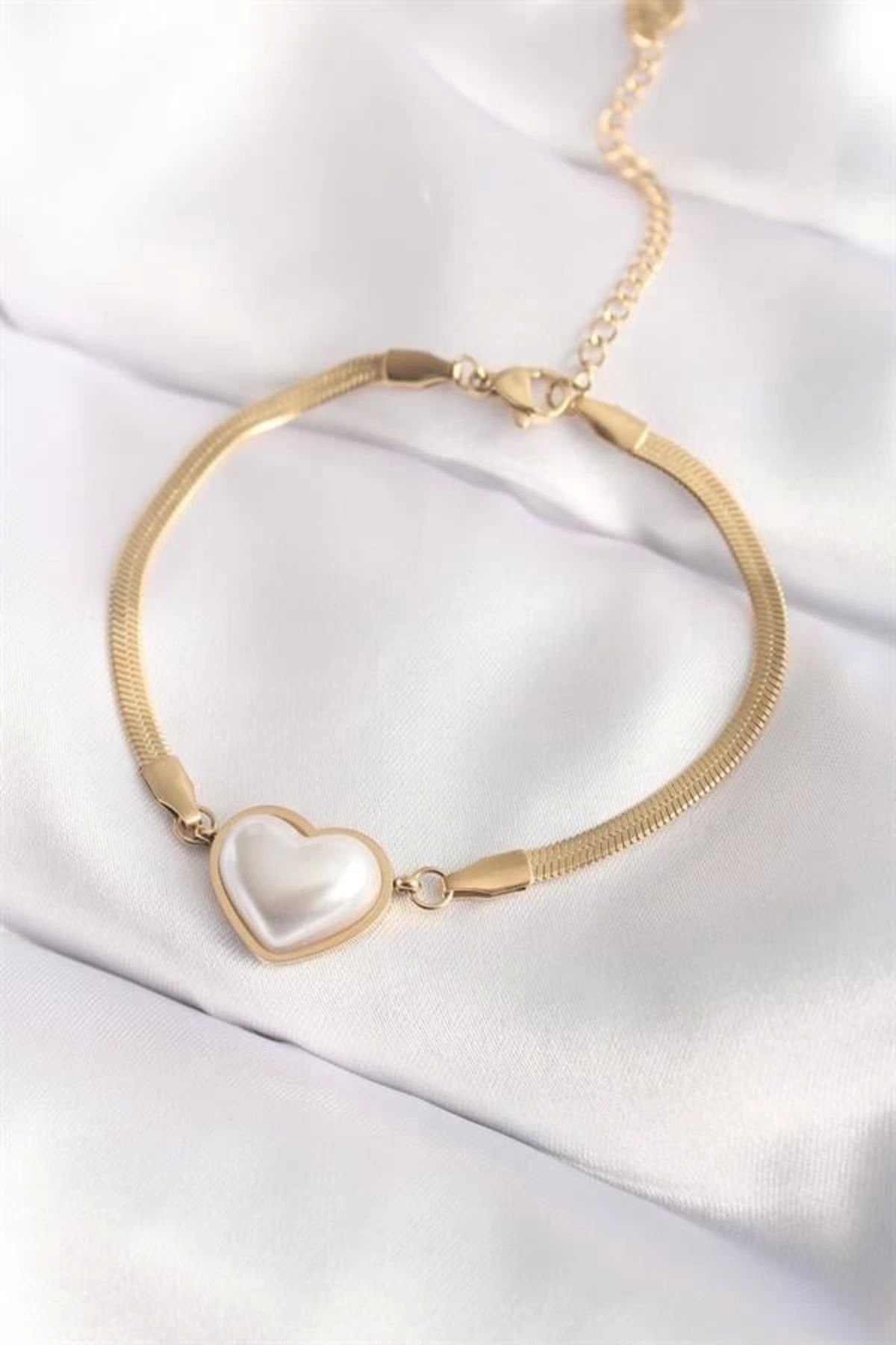 Lale Moda 316L Çelik Gold Renk Bombeli Kalp Kadın Bileklik