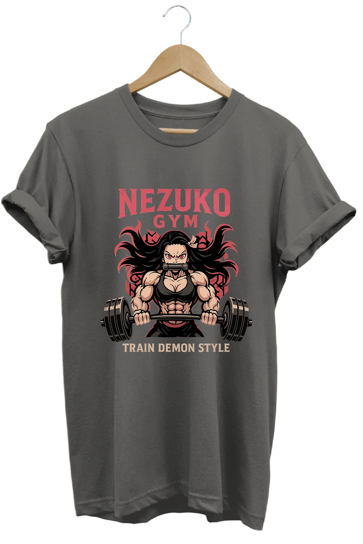 remonz Kadın Nezuko Gym Baskılı Regular Fit %100 Pamuklu Tişört Geniş Renk ve Beden