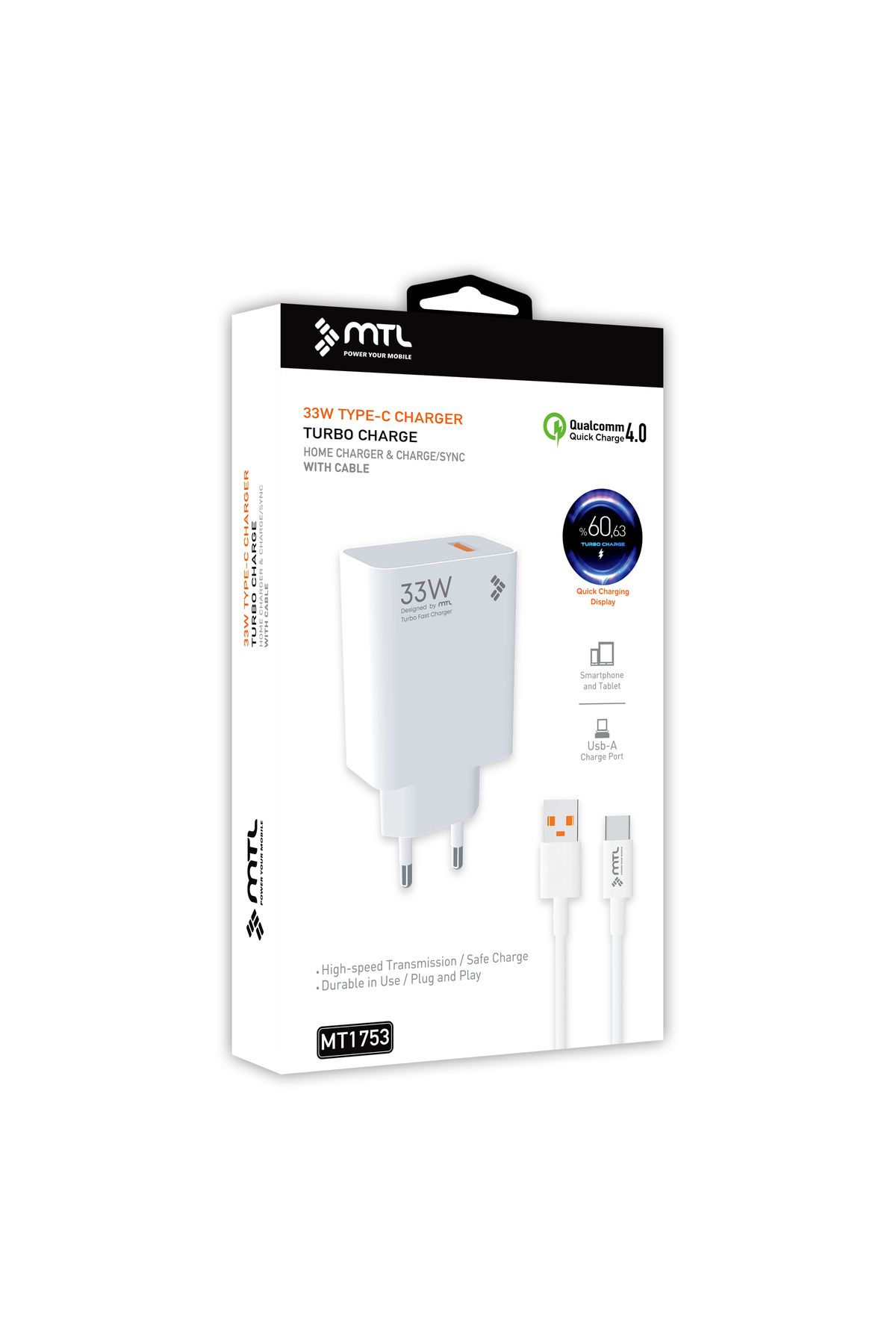 MTL Tecno Pova 3 Uyumlu 33W Turbo USB Şarj Seti QC 4.0 MT1753