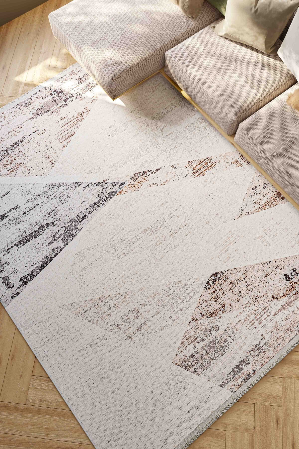 Oriente Home Modern Desenli Yıkanabilir Kaymaz Taban Şönil Kahverengi Krem Salon Halısı 8321