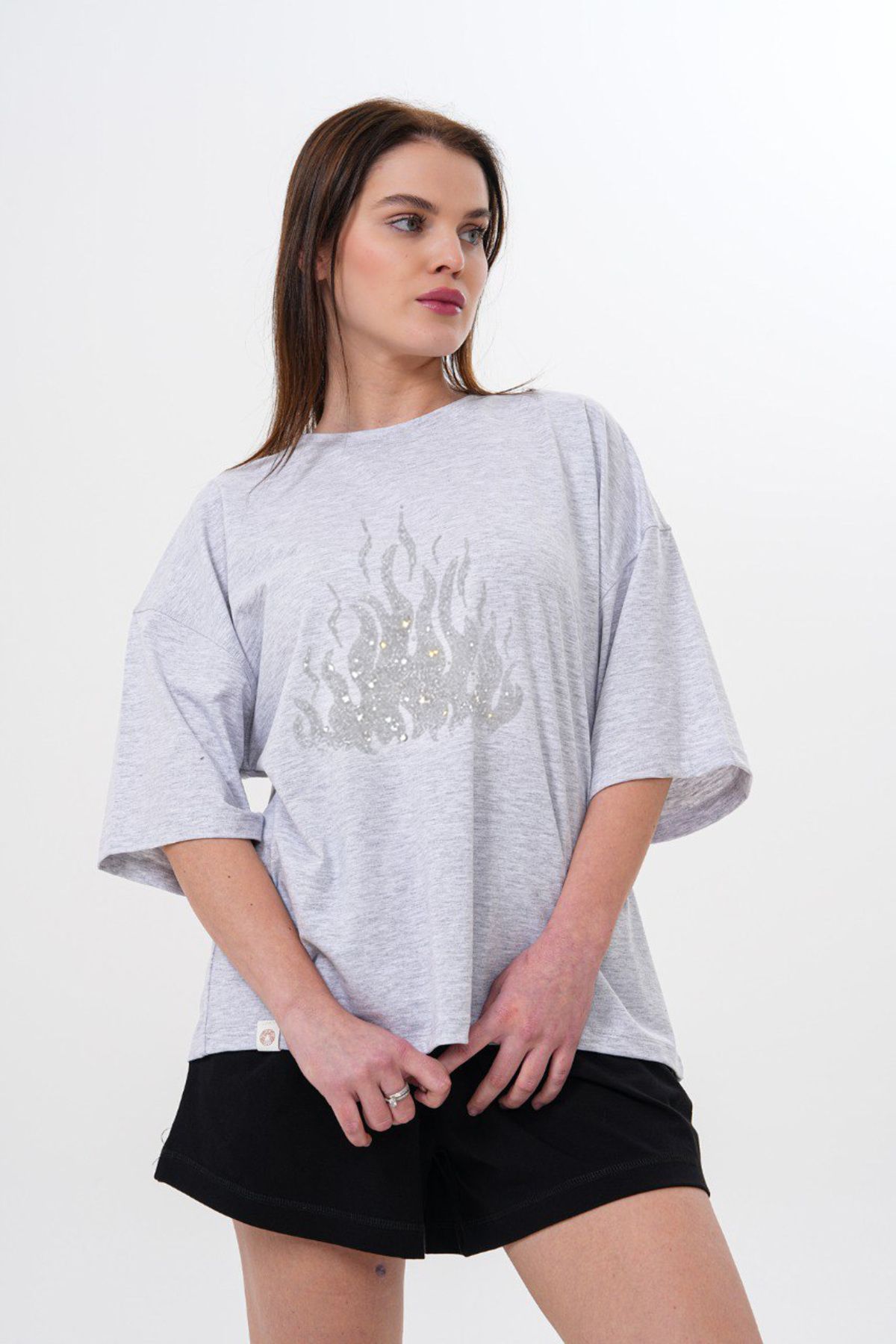LOU MODA -KADIN TAŞ BASKILI TSHIRT OVERSİZE