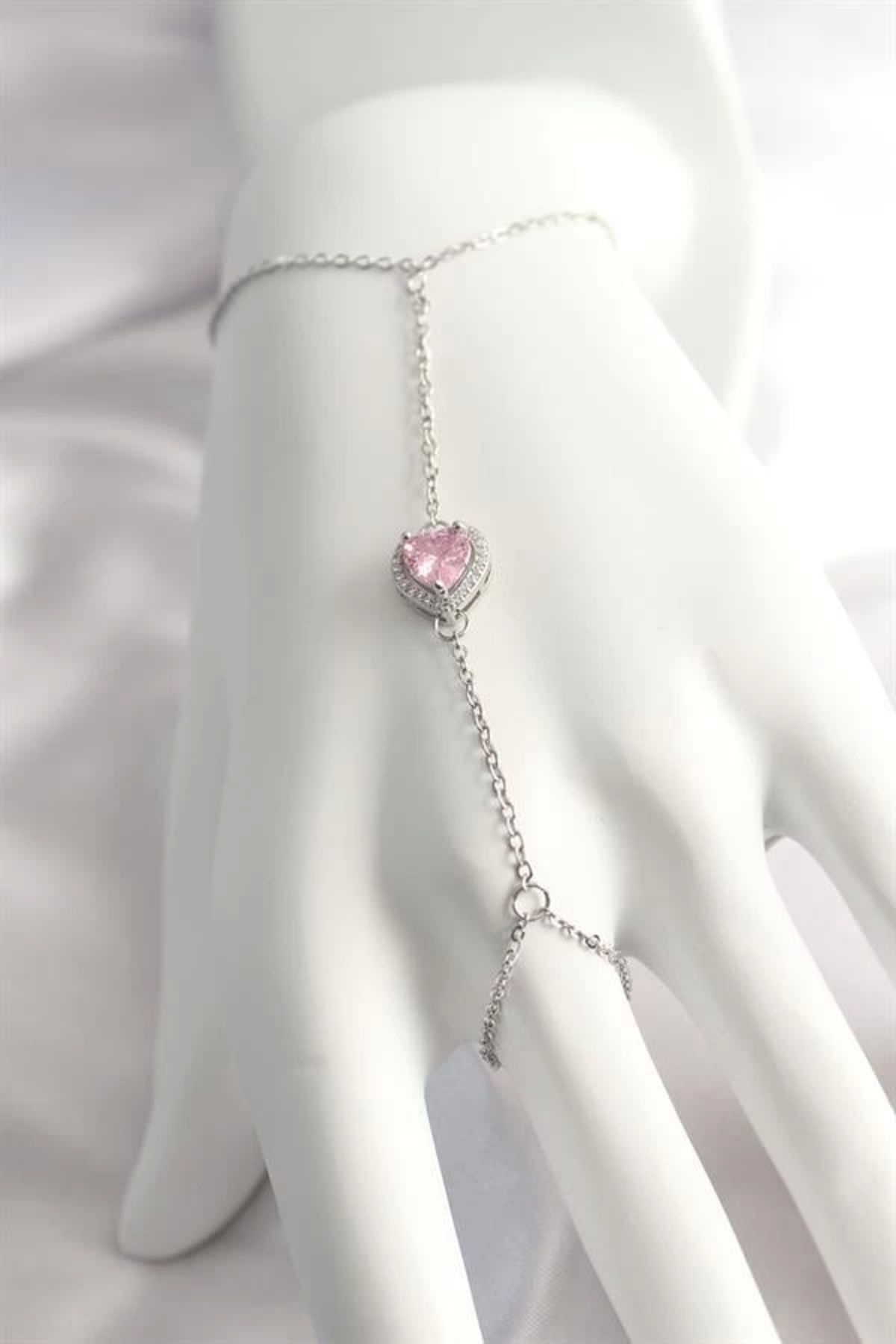 Lale Moda 316L Çelik Gümüş Renk Pembe Zirkon Taşlı Kalp Şahmeran