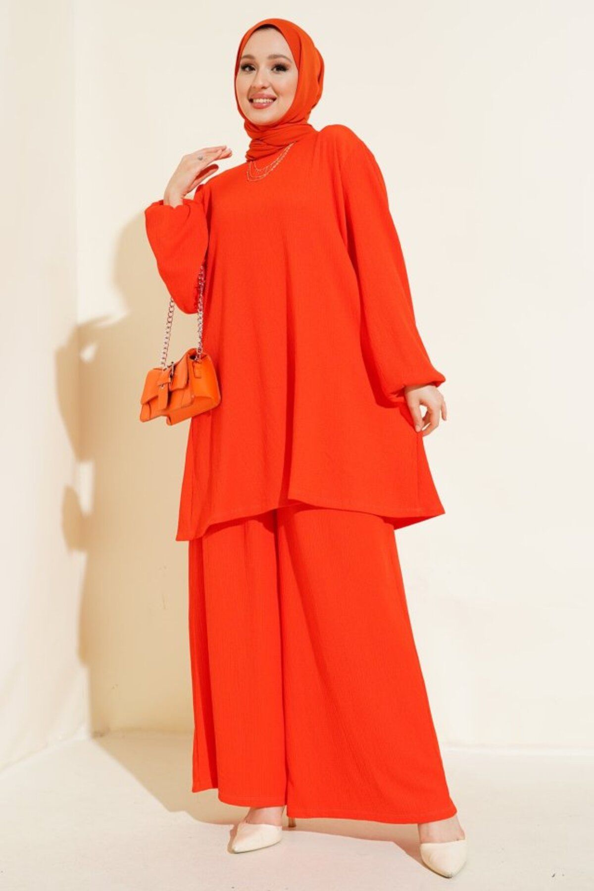 1001moda Turuncu Tunik Pantolon Alt Üst Takım 6663