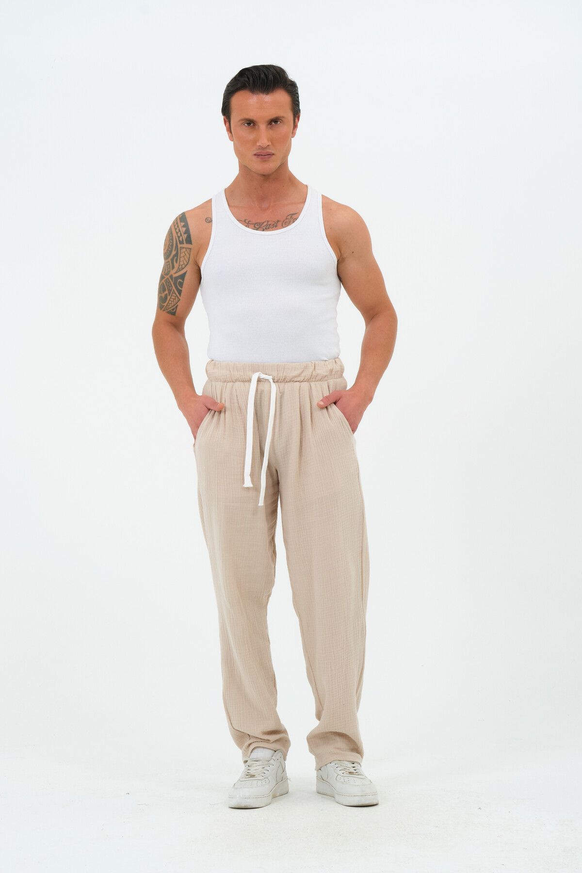 RELAXL %100 Pamuk Müslin Kumaş Yazlık Baggy Bol Paça Bej Pantolon