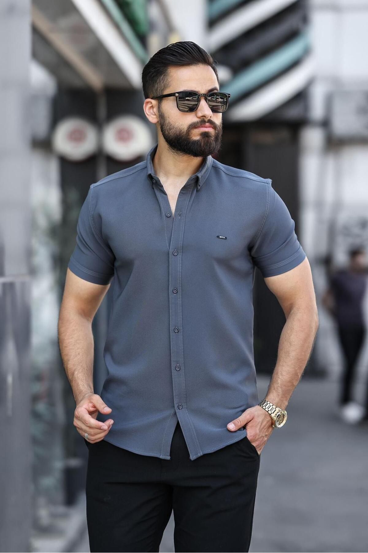 Artı1 Slim Fit Kısa Kollu Kolay Ütü Teri Emen Nefes Alan Timsah Nakışlı Dört Mevsim Erkek Gömlek