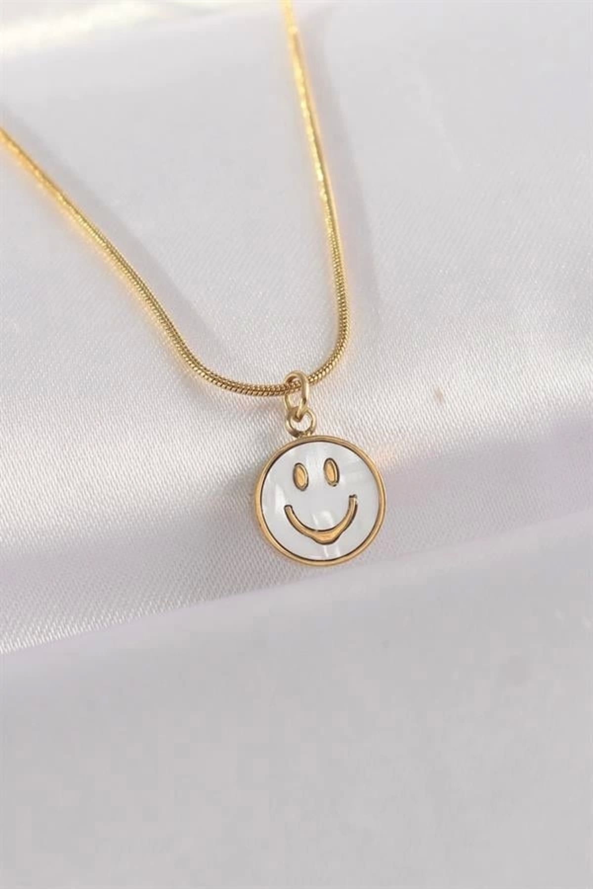 Lale Moda 316L Çelik Zincir Altın Renk Mermer Desenli Minimal Smile Kolye