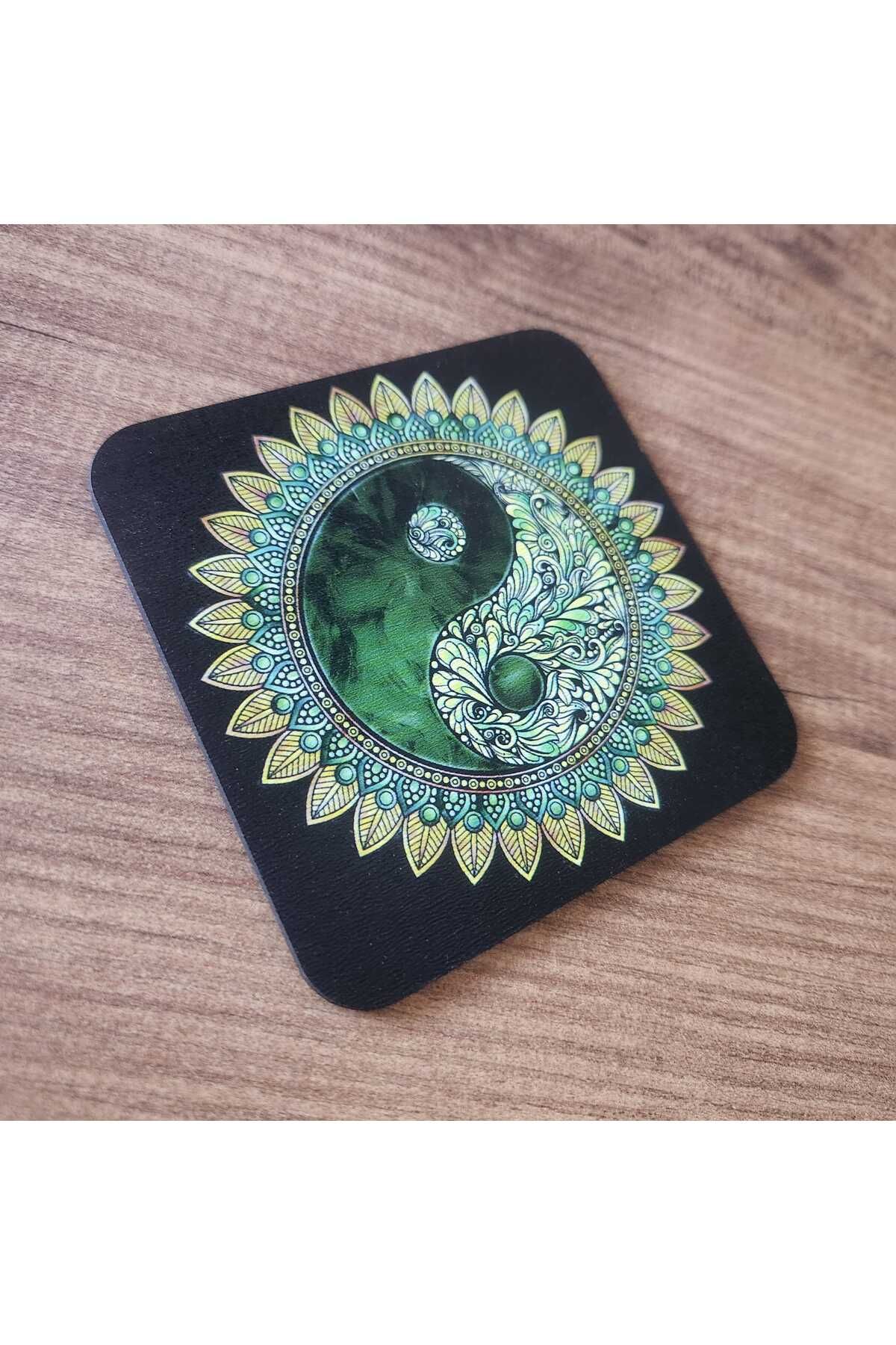 fırsatlar diyarı Yin Yang Desenli Çay Kahve Ahşap Bardak Altlığı Seti 6 Adet