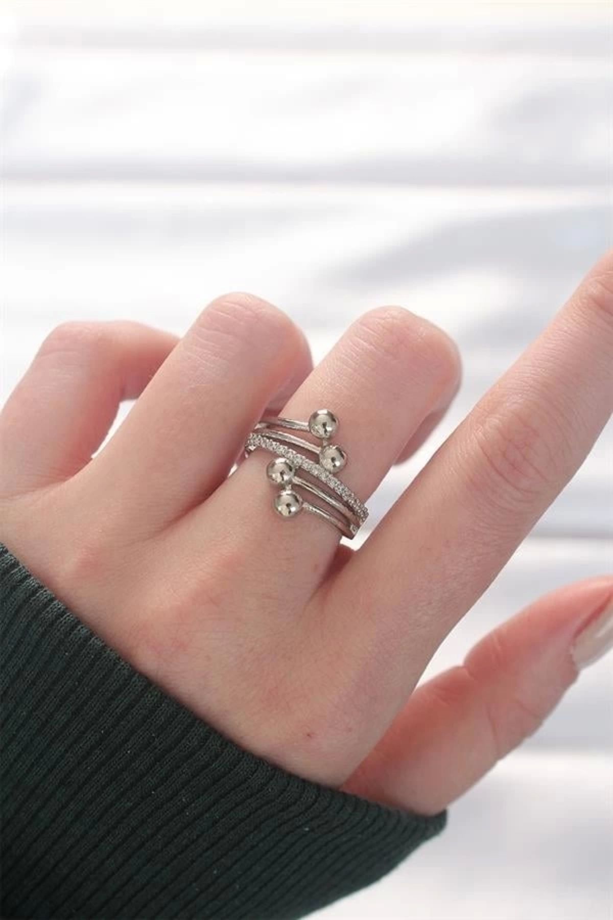 Lale Moda Topçuk Model Zirkon Taşlı Silver Renk Ayarlanabilir Yüzük