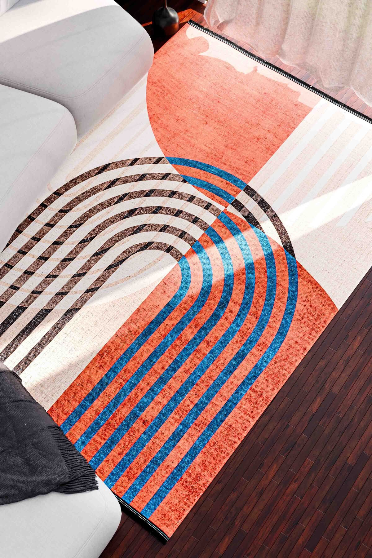 Oriente Home Çizgisel Desenli Yıkanabilir Kaymaz Taban Şönil Krem Kiremit Salon Halısı 8381