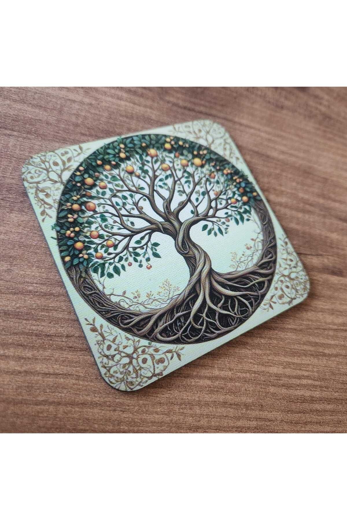 fırsatlar diyarı Hayat Ağacı Desenli Çay Kahve Ahşap Bardak Altlığı Seti - 6 Adet