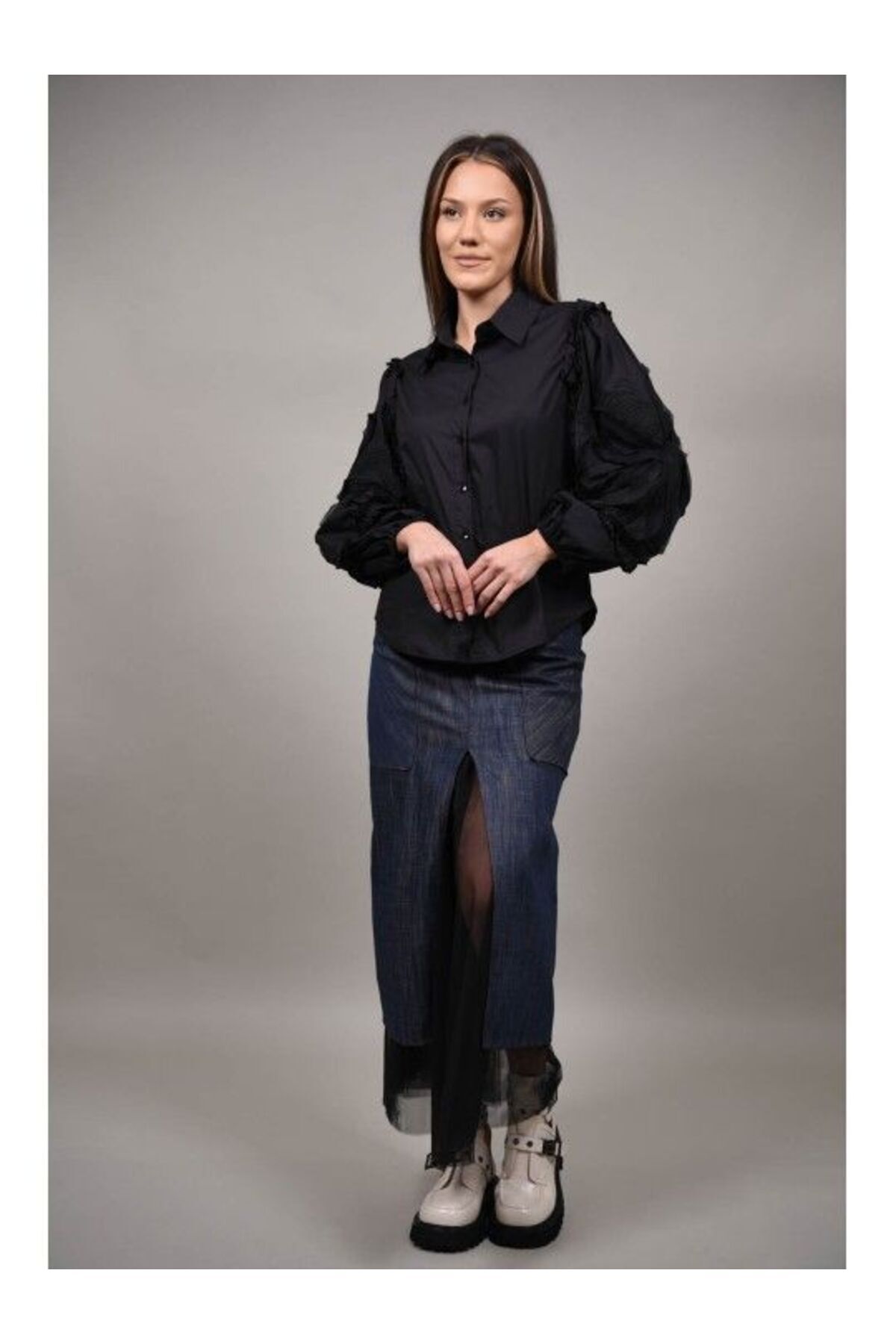 Y TWO WOMEN-EXILLES POPLIN SHORT SHIRT WITH BUFF SLEEVE Black S-M 4